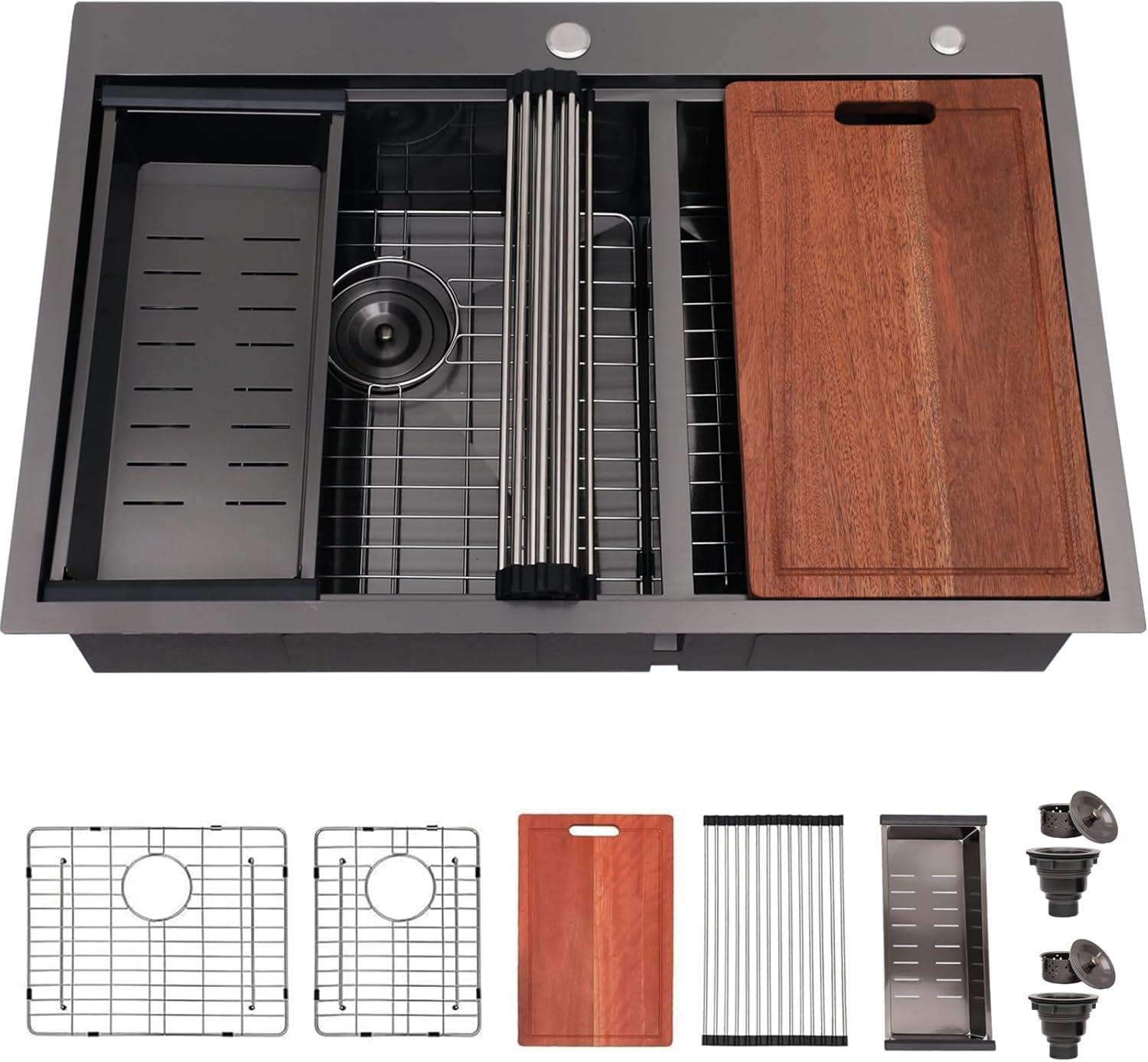 60/40 Drop In Double Bowl Kitchen Sink Black, 33x22 Inch Gunmetal Black Drop In Kitchen Sink Ledge Workstation 16 Gauge Stainless Steel Topmount Dual Basin with Cutting Board