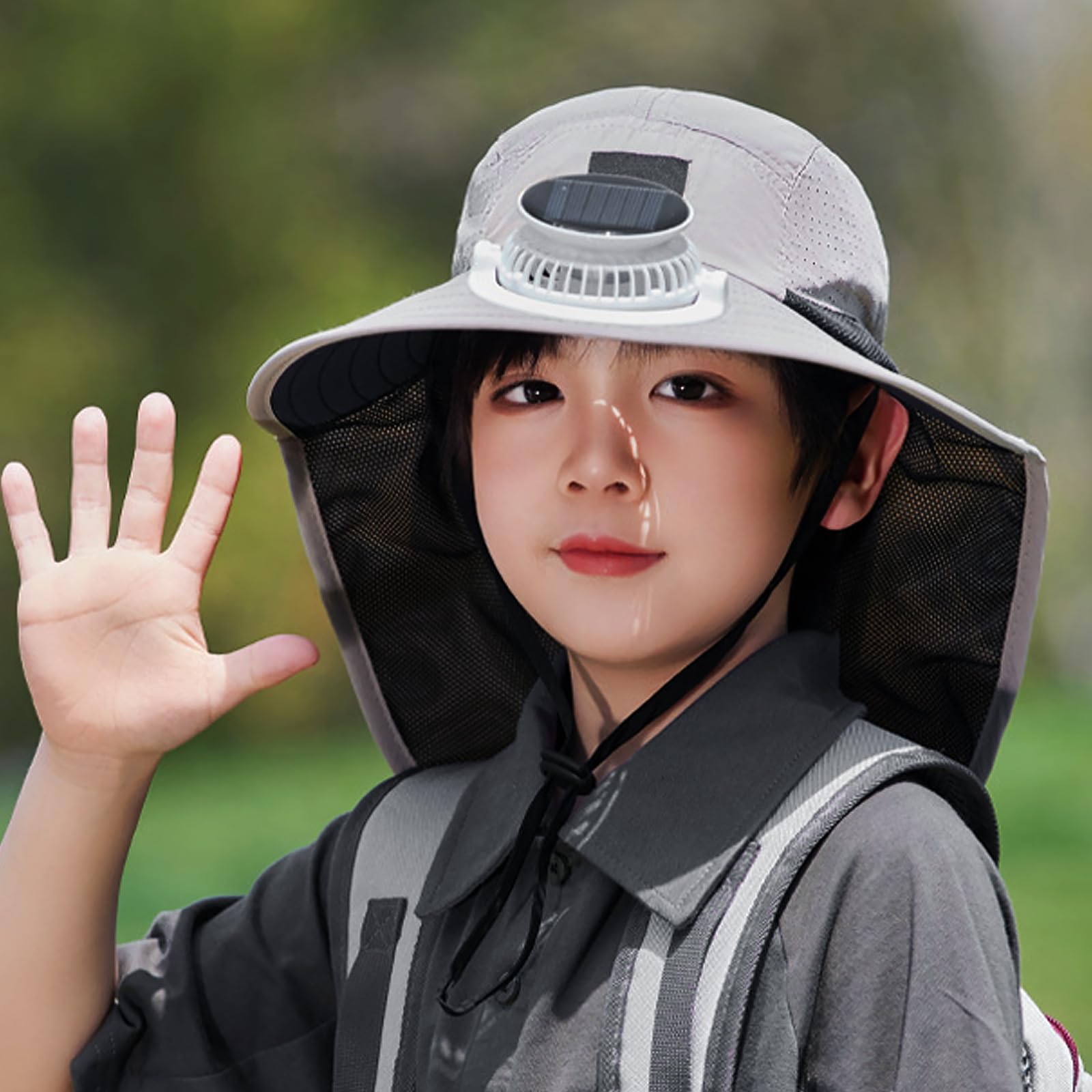 OhMill Chapeau à Ventilateur Solaire pour Enfants Été, à 3 Vitesses, Casquette de Soliel à Large Bord Réglable, Capeline de Pêcheur Respirante pour en Plein Air Plage Pêche Randonnée 8-15 Ans
