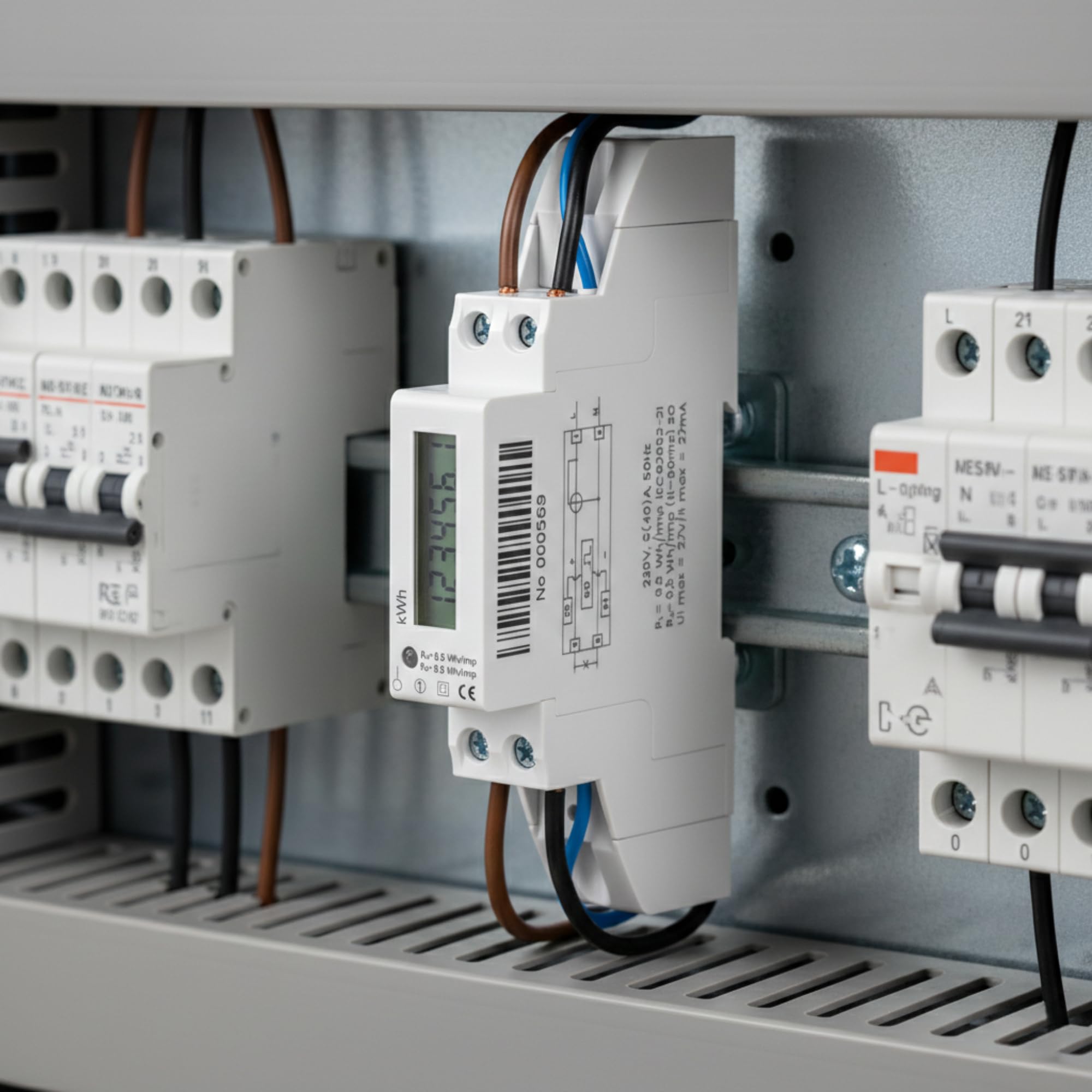 1-fazowy Wskaźnik Zużycia Energii Elektrycznej 40A 50Hz Szerokość 1 Moduł 2000imp/kWh Montaż Szyna DIN TH-35mm (wskaźnik cyfrowy LCD 6+1)