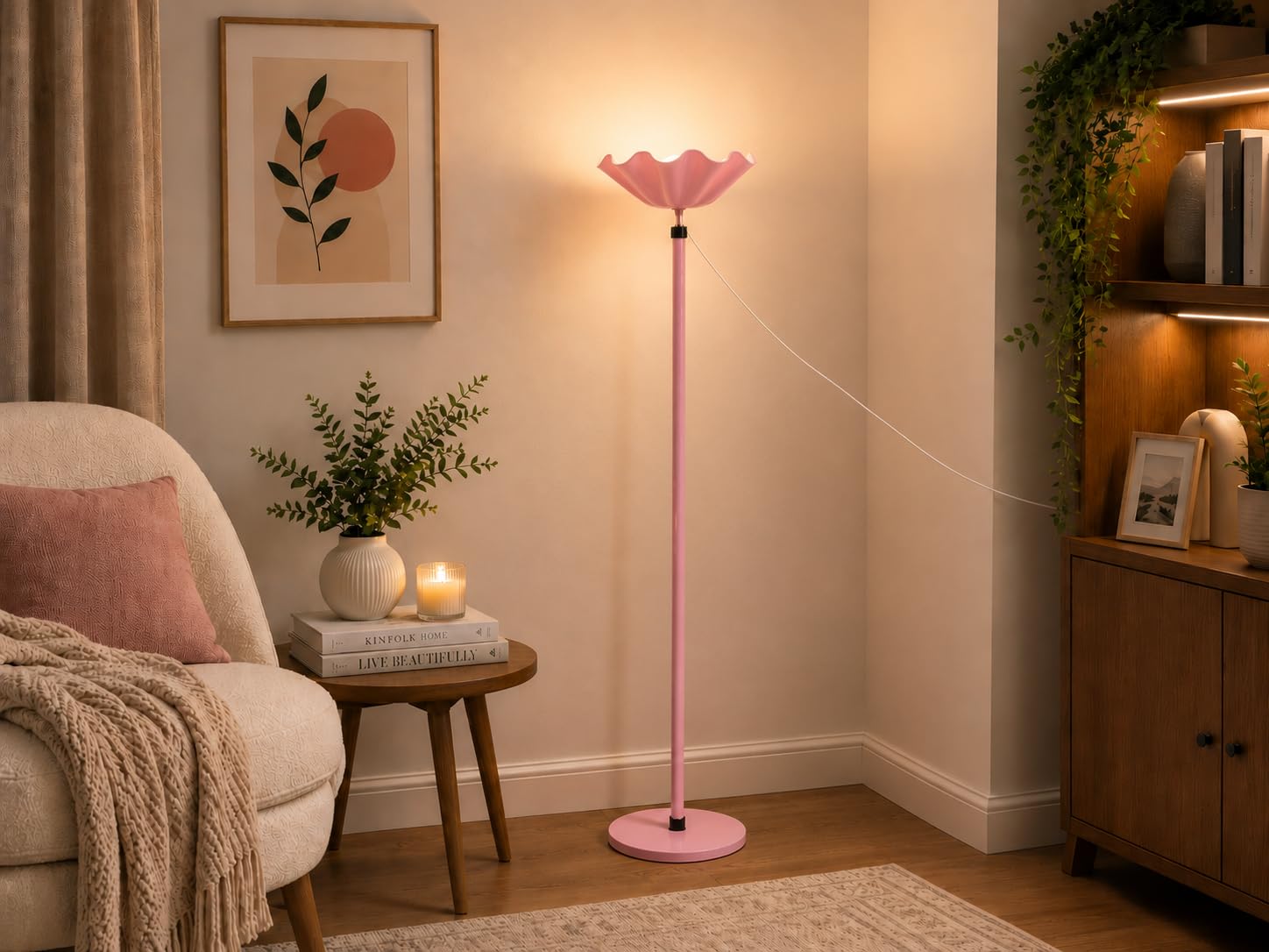 Pink Floor Lamp with Flower Petal Shade, Uplight Torchiere, Living Room Decor-image-42