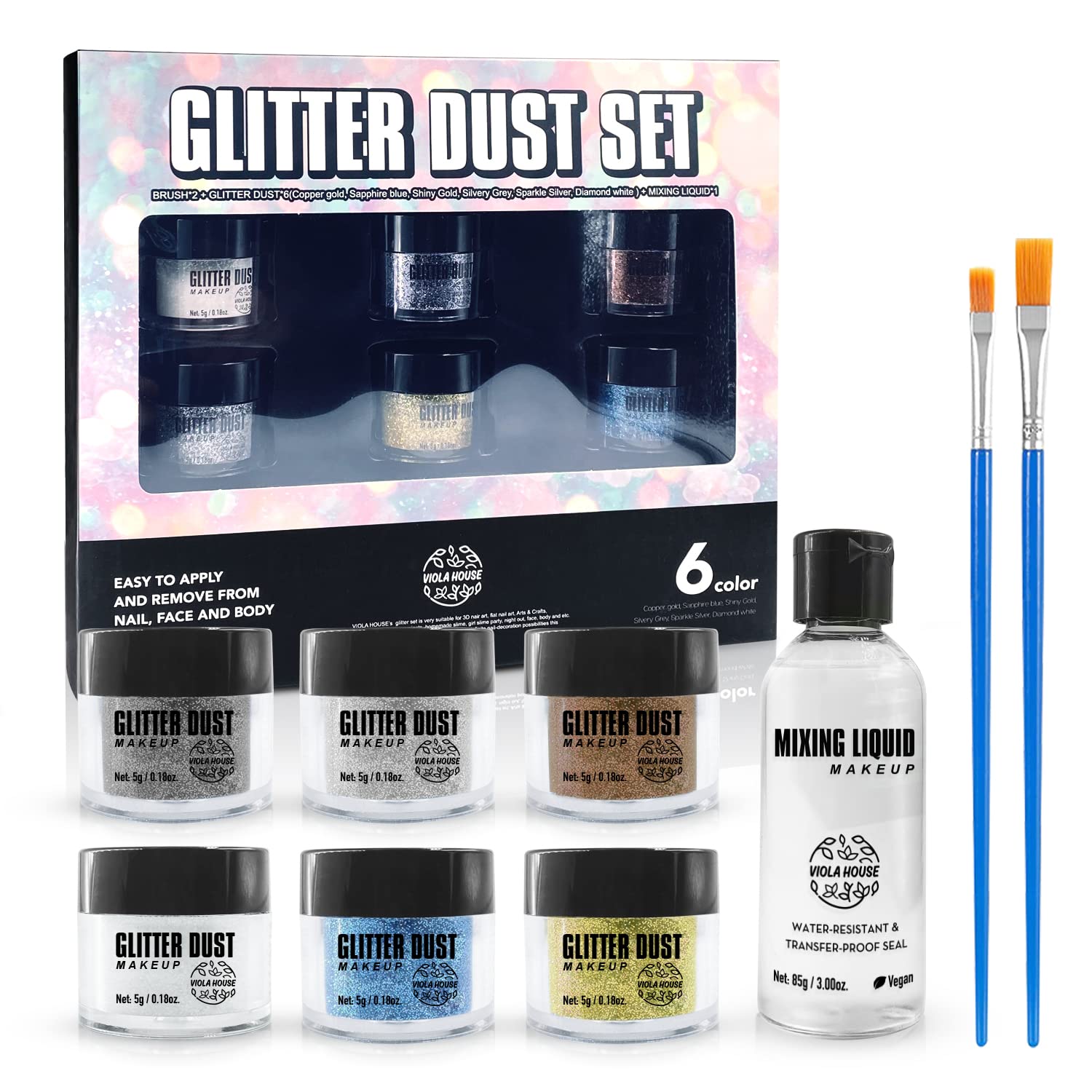 VIOLA HOUSE Face Body Glitter Powder, Rostro Nail Ojos Makeup Glitter Powder Set. Maquillaje de Halloween Christmas. 6 Glitter Powder + 1 Base Gel + 2 Brush.