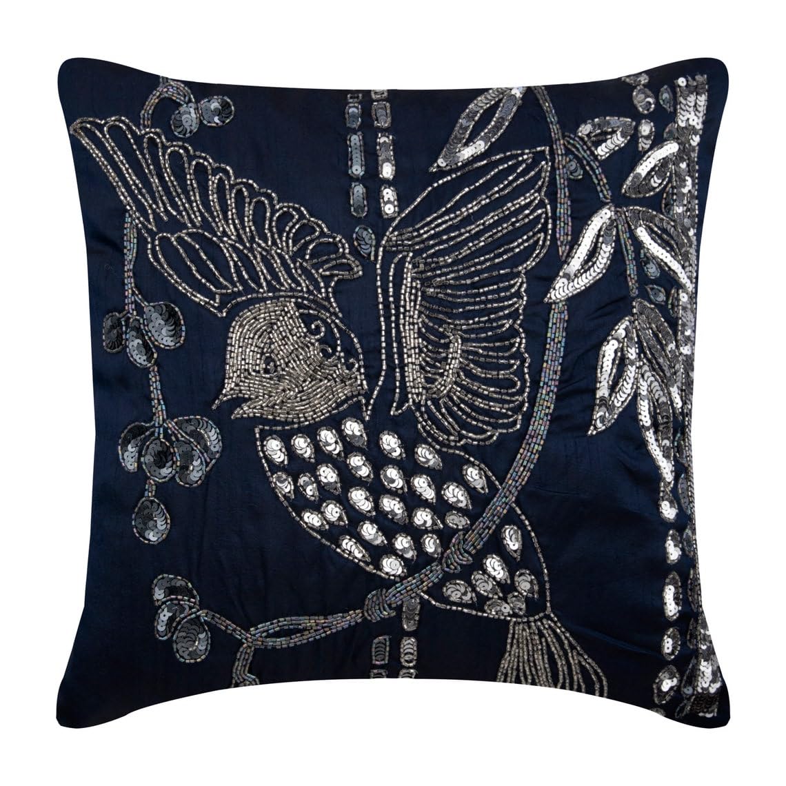 The HomeCentric Navy Blue Cushion Cases, Sequins & Beaded Bird Cushions Cover, Cushion Covers 35x35 cm (14x14 inch), Square Silk Throw Cushions Cover, Floral Contemporary - Birdy Flight โ image 1