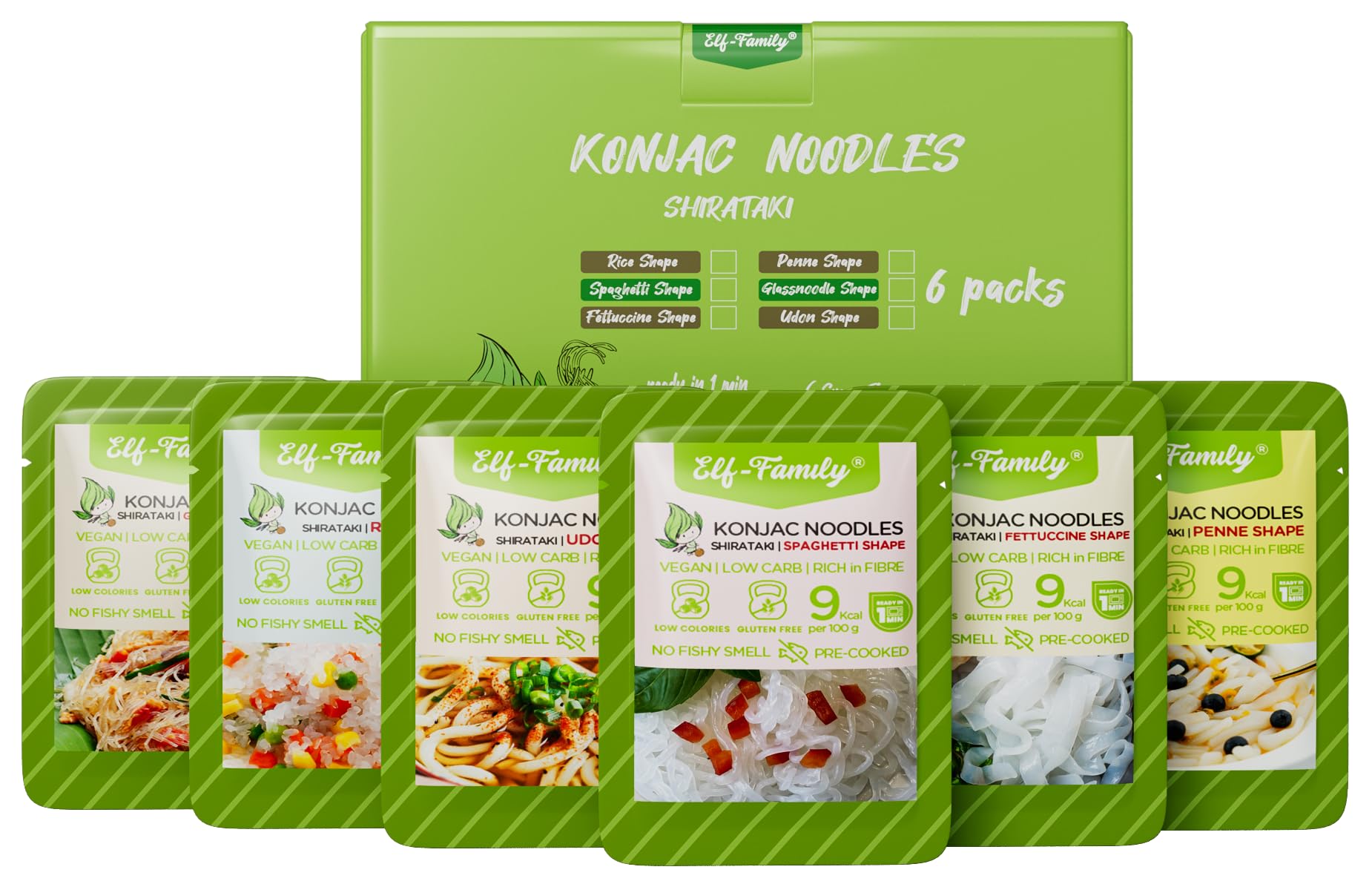 Elf-Family Premium 5+1 Mix Pasta di Konjac Shirataki 9kcal Low Carb, Keto, Vegan, Diet -Spaghetti/Glass Noodle/Fettuccine/Riso/Penne/Udon