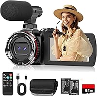 Rumyums 4K 60FPS Camcorder 64MP Dual Camera Vlogging Kit: 21X Zoom, External Mic, Remote, 2 Batteries, 64GB Card for YouTube TikTok