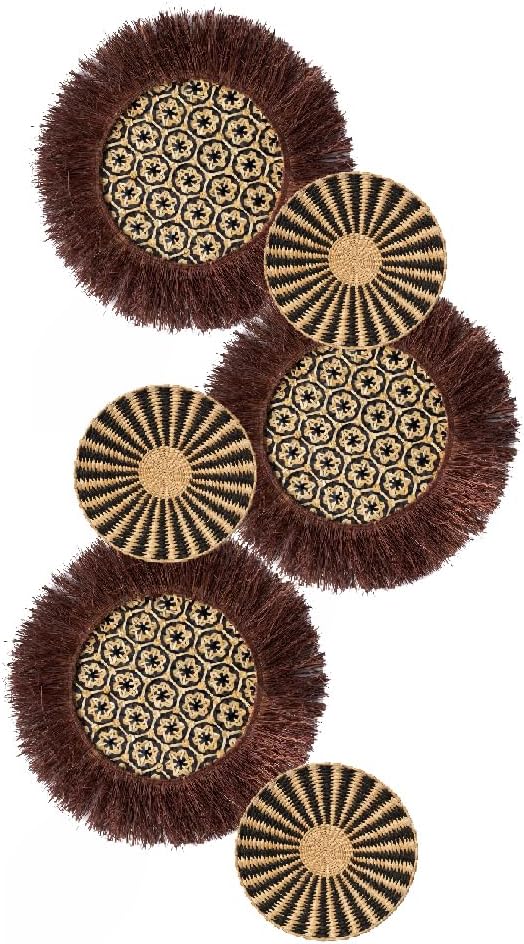 ZEKEHOMEDECOR Boho Woven Wall Basket Decor Set of 6, Handwoven Round Wall Art, Natural Black Brown Hanging Baskets for Living Room, Bedroom, Entryway