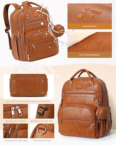 Miniatura 5 de ROSEGIN Mochila de cuero para pañales de bebé con cambiador de viaje portátil para niña y niño Marrón Mochilas de viaje