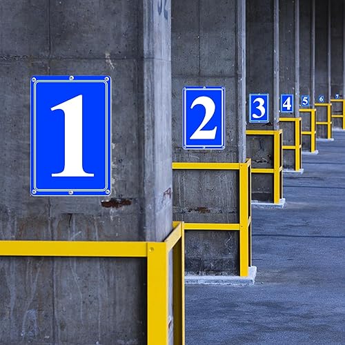 Miniatura 6 de Letreros numéricos de aluminio premium 1, de metal de 12 x 8 pulgadas, letreros numerados azules para exteriores para estacionamientos, piso,