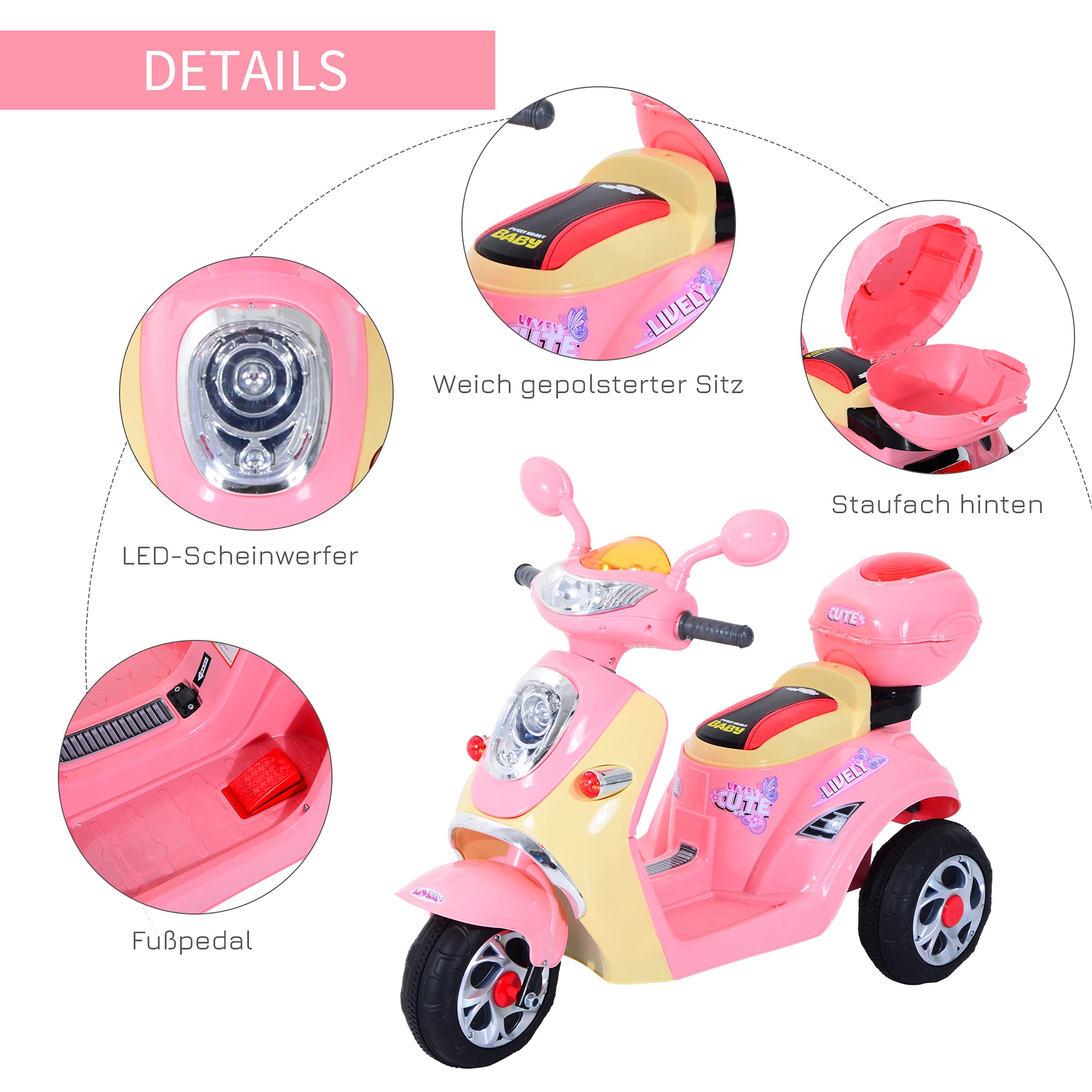 HOMCOM Elektro Kindermotorrad Elektromotorrad 6V 108x51x75cm Rosa+Gelb | Kinderelektroauto, Kinderfahrzeug, Dreirad, Metall+PP