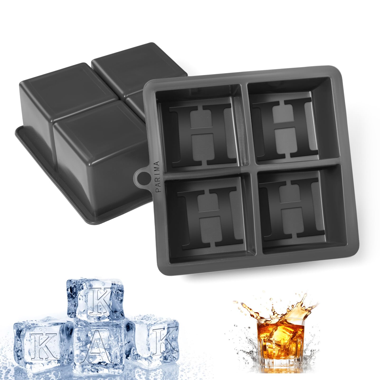Parima Large Ice Cube Trays for Freezer - 2 Pack 8 Cubes Tray, Customized Ice Cube Mold and Baking Chocolate and Crafting Letter Molds, 2 Inch Personalized Huge Cubed Ice Trays for Whisky - Letter H