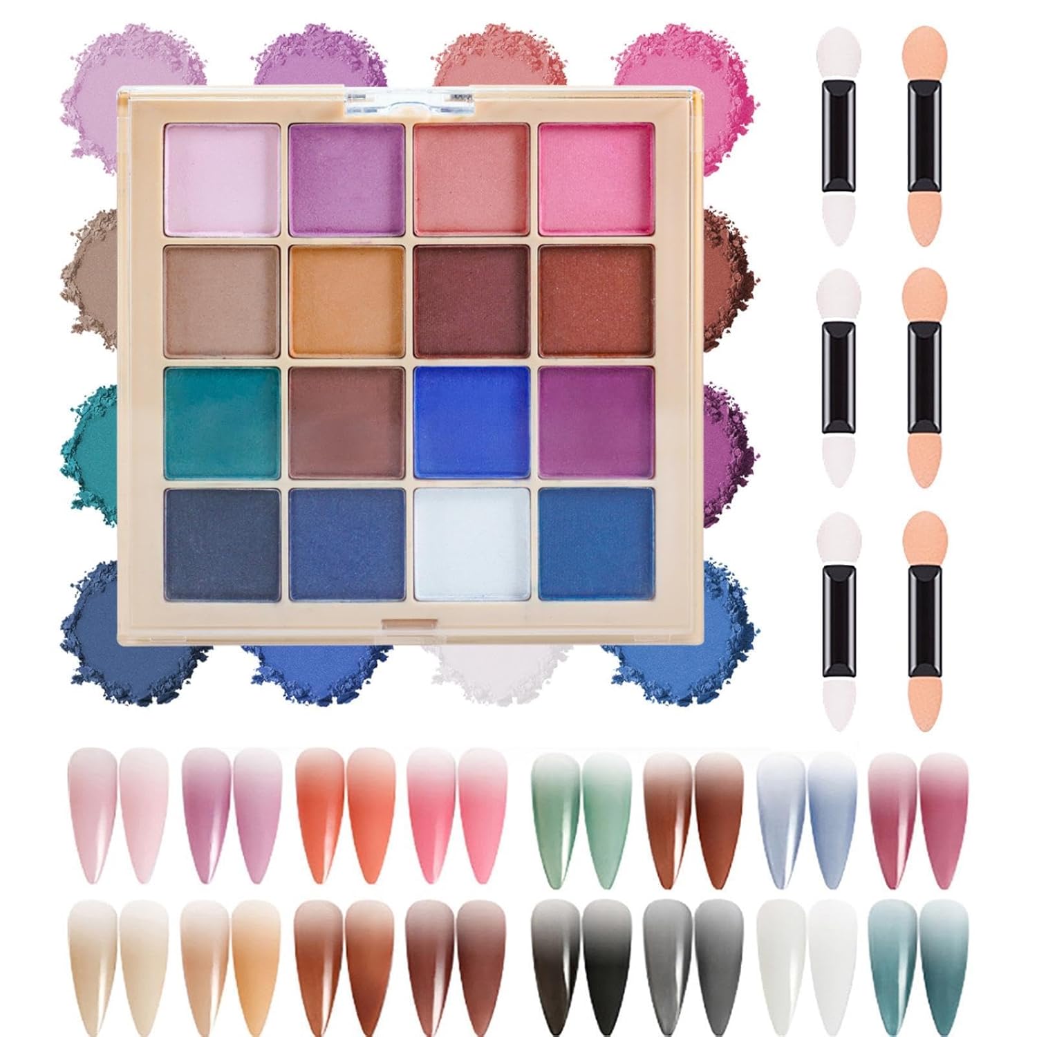 2pcs Nail Pigment Powder Palette, 16 Colors Solid Pigment Powder for Nails Set Pigmentos para Uñas, Nail Art Palette Manicure DIY Accessories,D