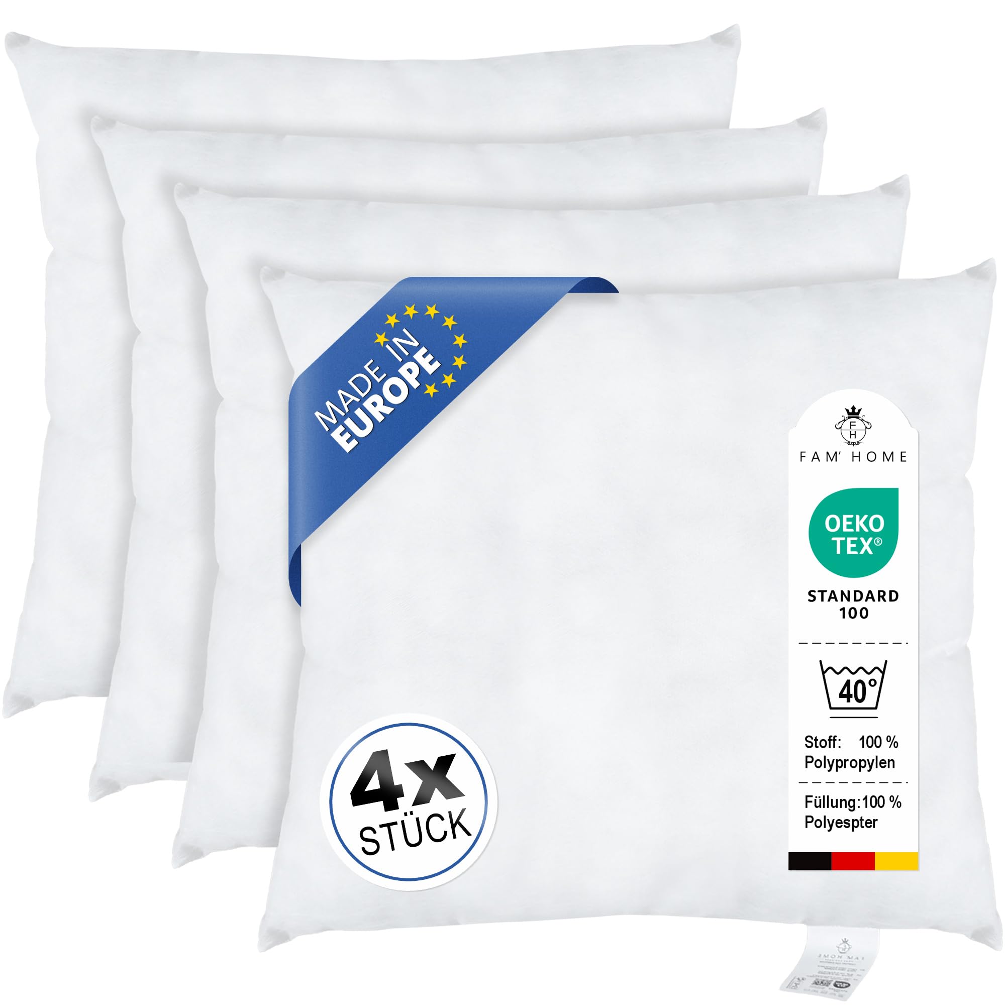 FAM Home Kissenfüllung 80x80 cm 4er Set Sofakissen Dekokissen 1000g | Ideal als Innenkissen & Füllkissen für Zierkissen: Mittelfest, hypoallergen und maschinenwaschbar. Perfekte Form für Bezüge.