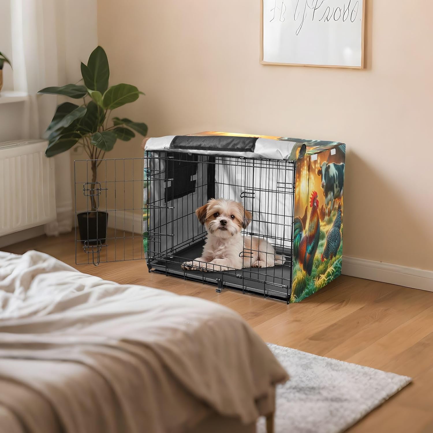 Rooster Hen Milk Cow Pet Crate Cover with Roll-up Sides, UV-Resistant Pet Crate Cover, Large
