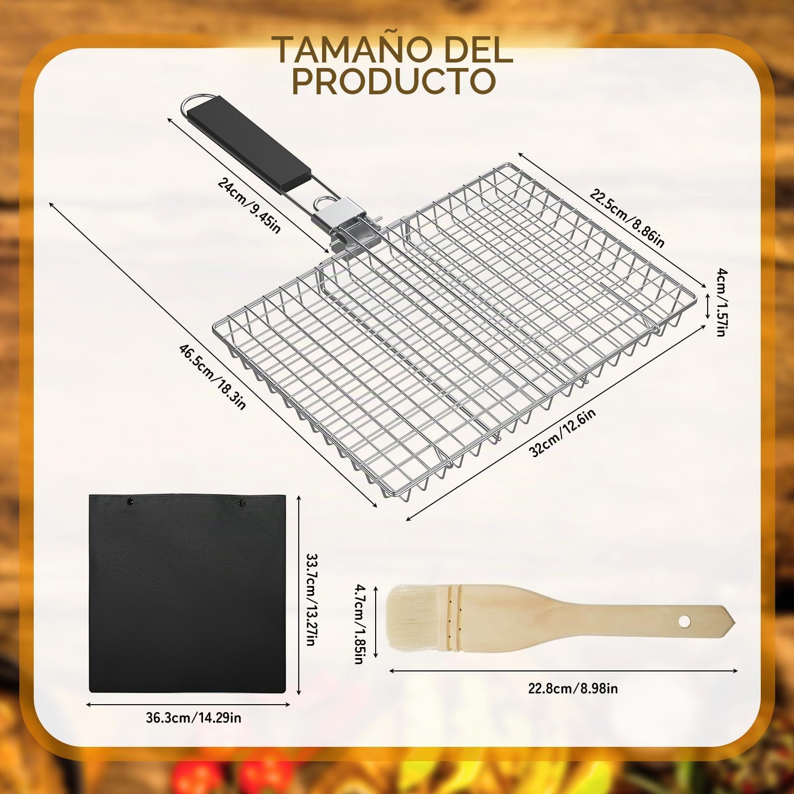 Cesta para Asar Pescado, Cesta para Barbacoa Plegable Portátil, Parrilla Pescado Barbacoa, Mango de Madera Extraíble, Parrilla Barbacoa, Viene con Cepillo de Cocina y Bolsa de Almacenamiento