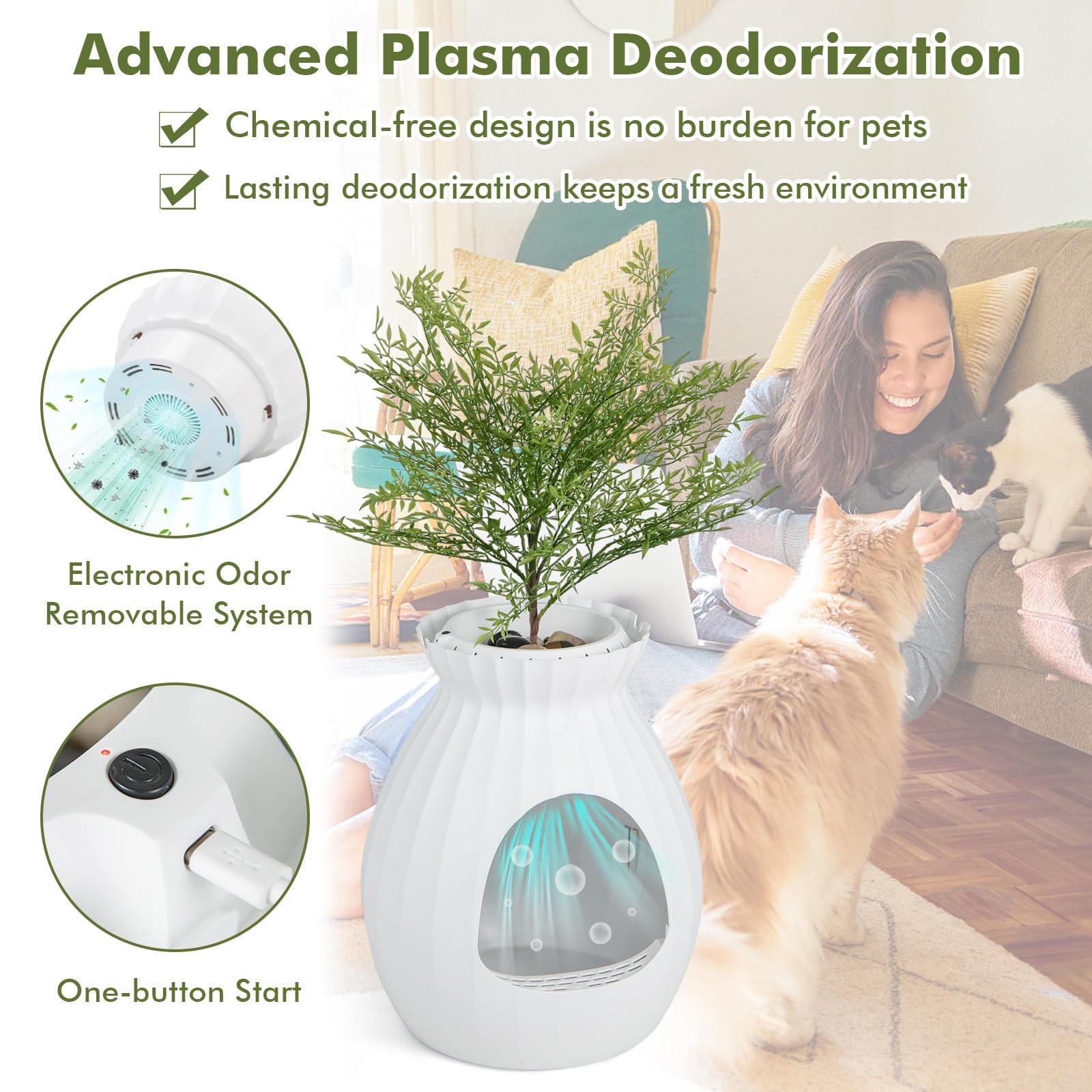 Amazon | PETSITE ホワイト植物用トイレボックス、人工植物付き猫隠し