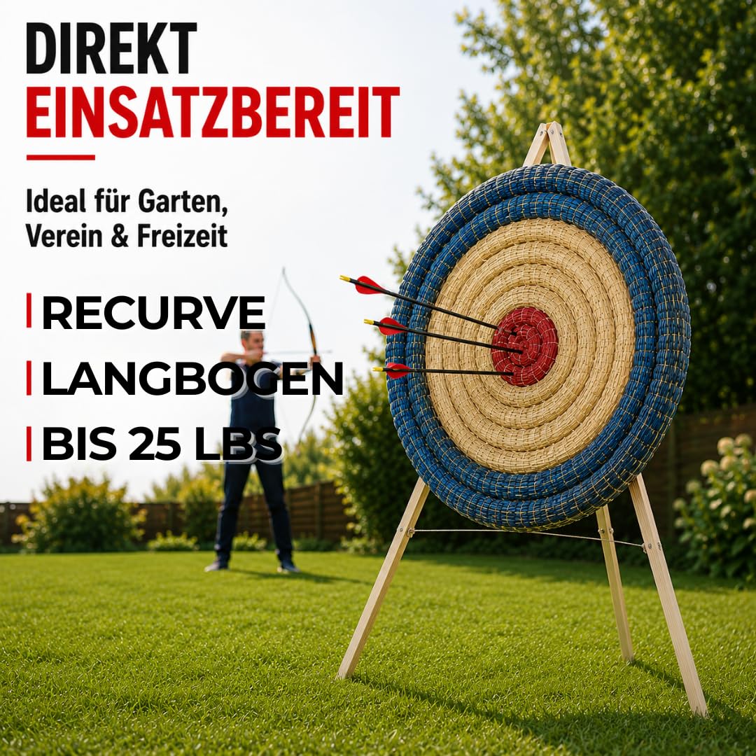 Stronghold Set Zielscheibe 65cm inkl. Ständer Strohzielscheibe | Bogenschießen für Erwachsene & Kinder Stroh Ziel für Pfeil und Bogen Armbrust Wurfmesser