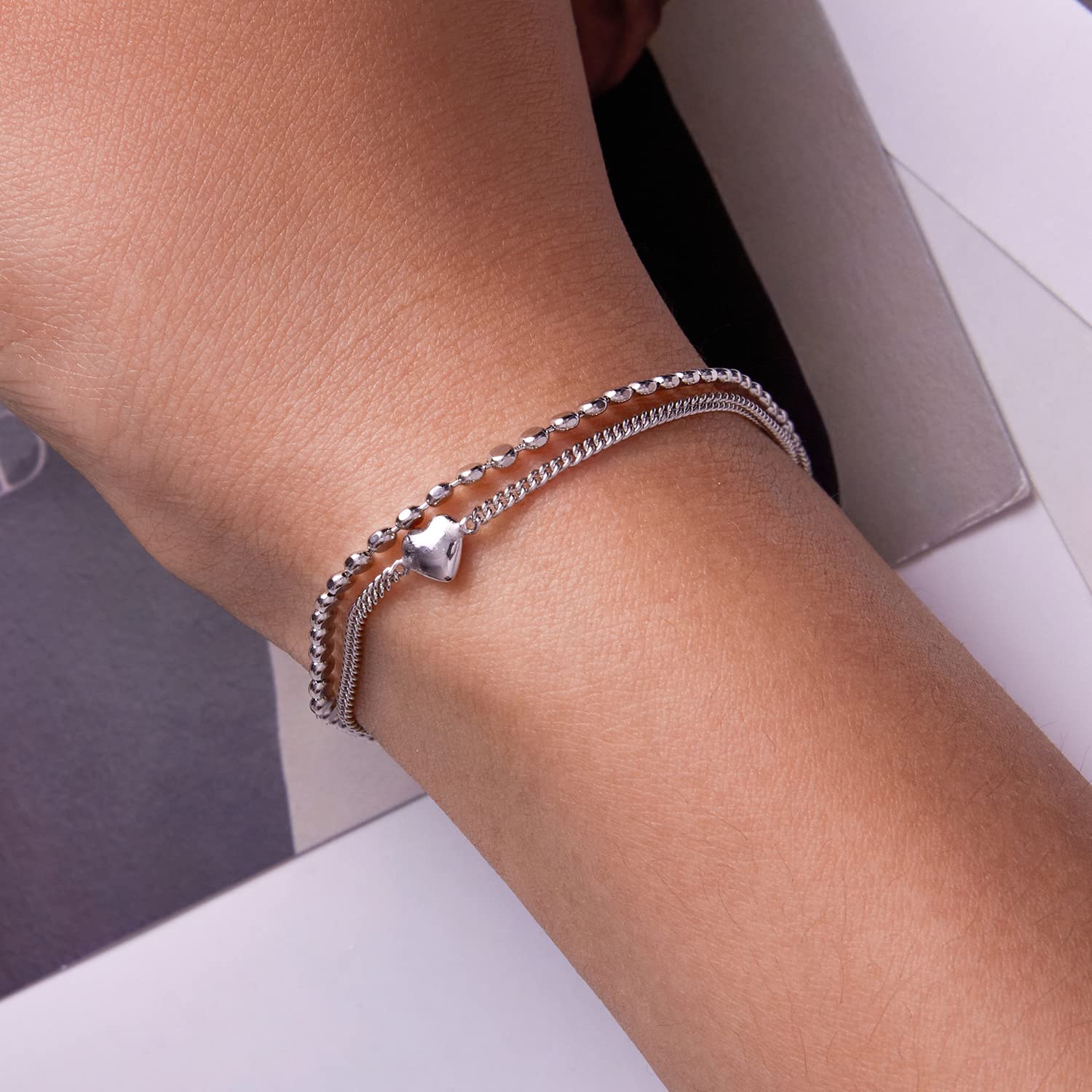 LYGBAOFUL Cadena de Doble Capa Pulsera con dijes de Amor S925 Joyería de Plata esterlina para Siempre Corazón Estrellas Cuentas Amistad Ajustable Pequeño Delicado Hecho a Mano