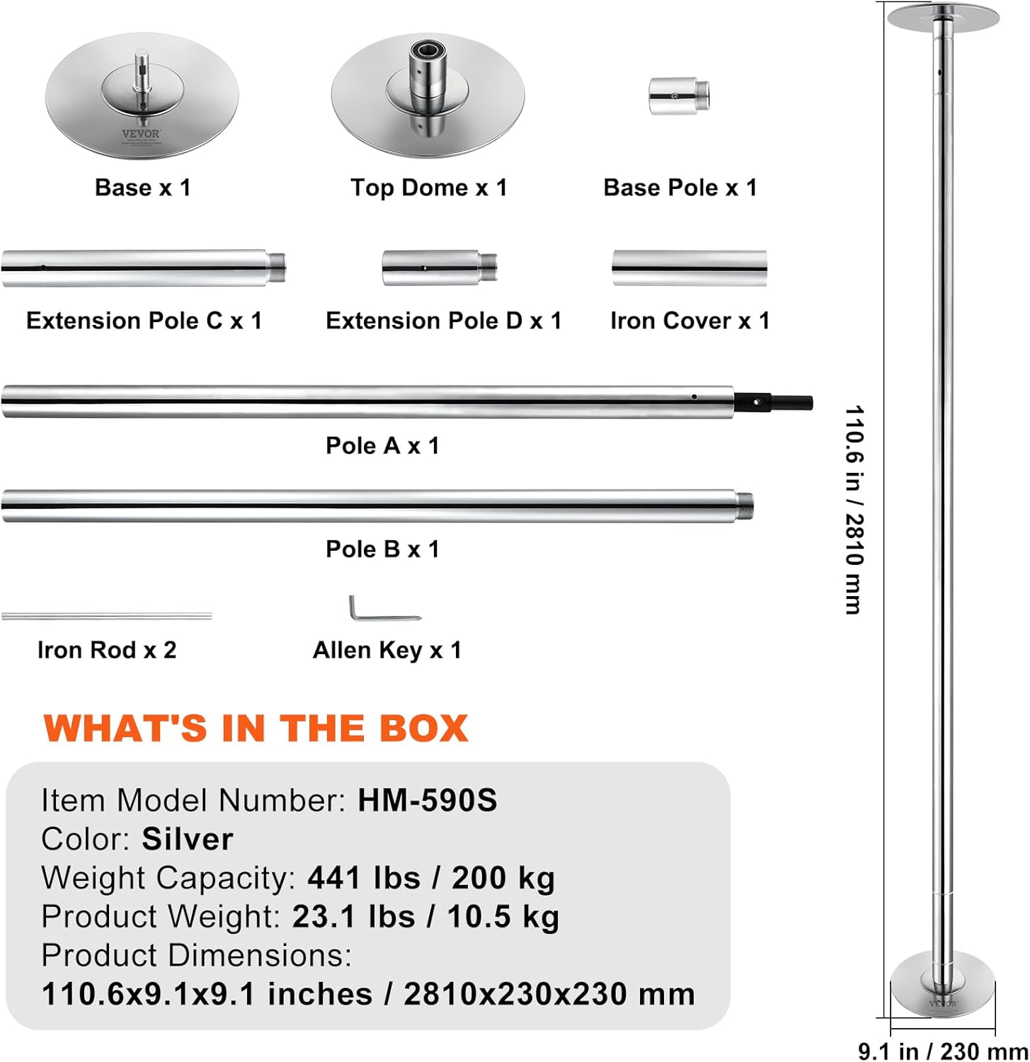 VEVOR Professional Dancing Pole, Spinning Static Dancing Pole Kit, Portable Removable Pole, 45mm Heavy-Duty Stainless Steel Pole, Height Adjustable Fitness Pole, for Exercise Home Club Gym, Silver