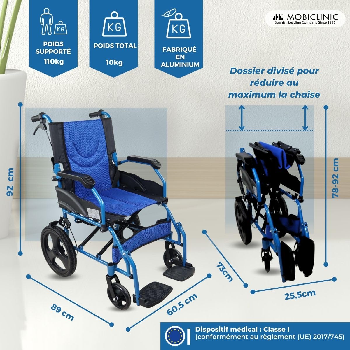 Mobiclinic, Fauteuil roulant de transit, Mod pirámide, Aluminium, Pliable, Frein sur poignées, Pour personnes âgées, Repose-pieds, Accoudoirs, Léger, Siège 46 cm,