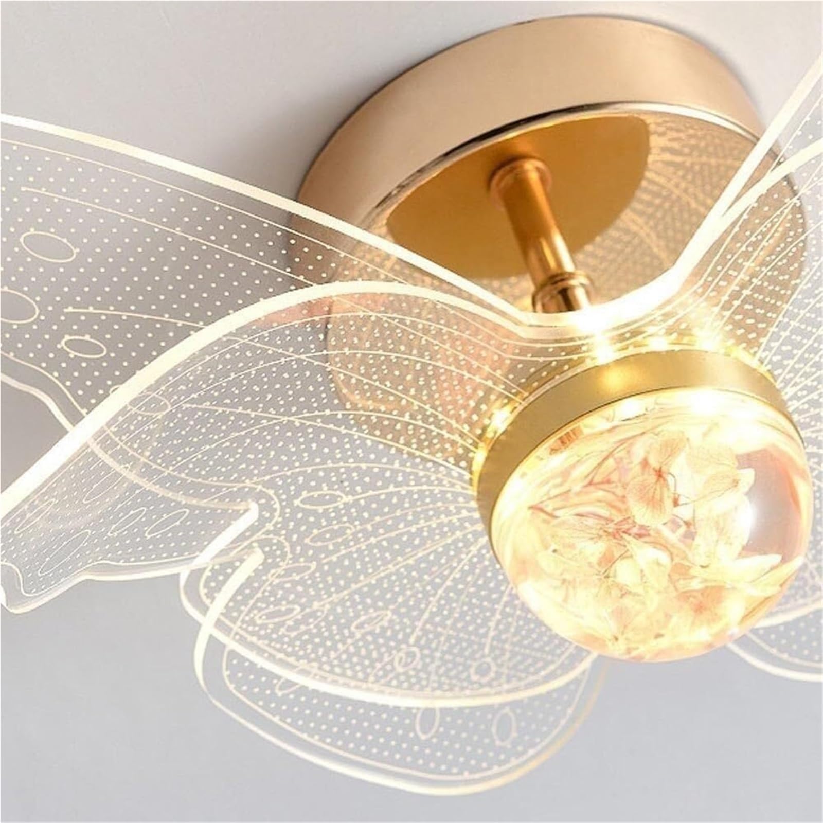 JingNian Lampa sufitowa w złotym motylu w stylu francuskim Akrylowy klosz, 3 kolory do ściemniania, półwpuszczana do sypialni, pokoju dziecięcego, przedpokoju