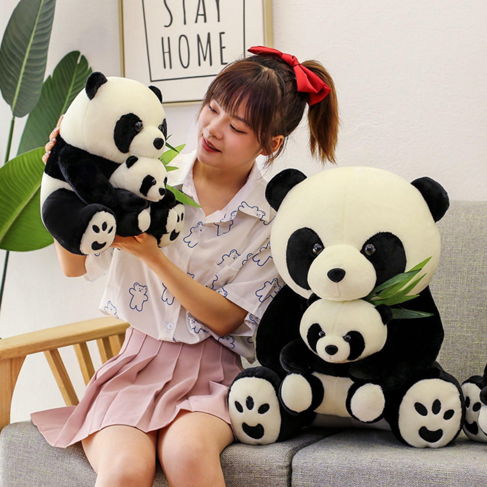 Panda Kuscheltier, 30/40cm Weiches Stofftier Mutter mit Baby und Bambusblättern, Niedliches Panda Plüschtier für Sofa Bett Kinderzimmer Dekoration, Geschenk für Kinder Erwachsene (40 cm)