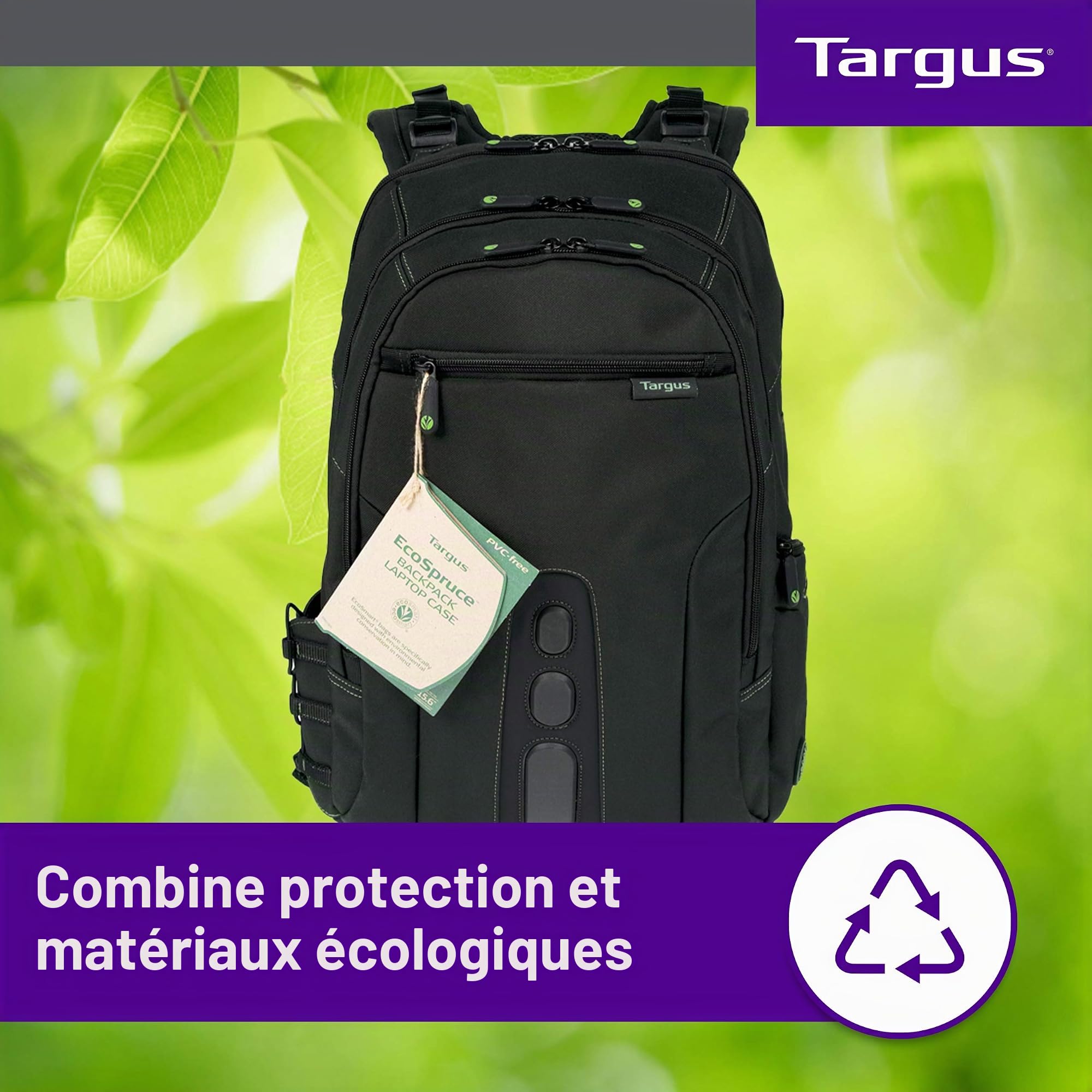 Targus EcoSpruce Sac à Dos Ordinateur 27 L, Sac pour Ordinateur jusqu'à 15,6'', Sacoche Ordinateur fabriqué en Bouteilles en Plastique recyclées - Noir, TBB013EU