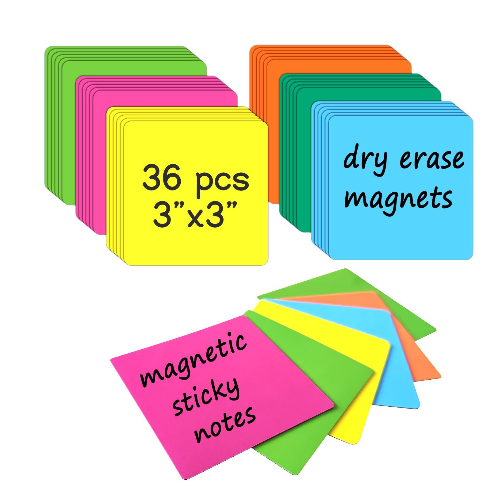 36Packs Reusable Magnetic Sticky Notes, 3" x 3" Dry Erase Magnets Labels, Widely Use to Post Notes for Whiteboard, Fridge, Locker, Cabinet, Door -