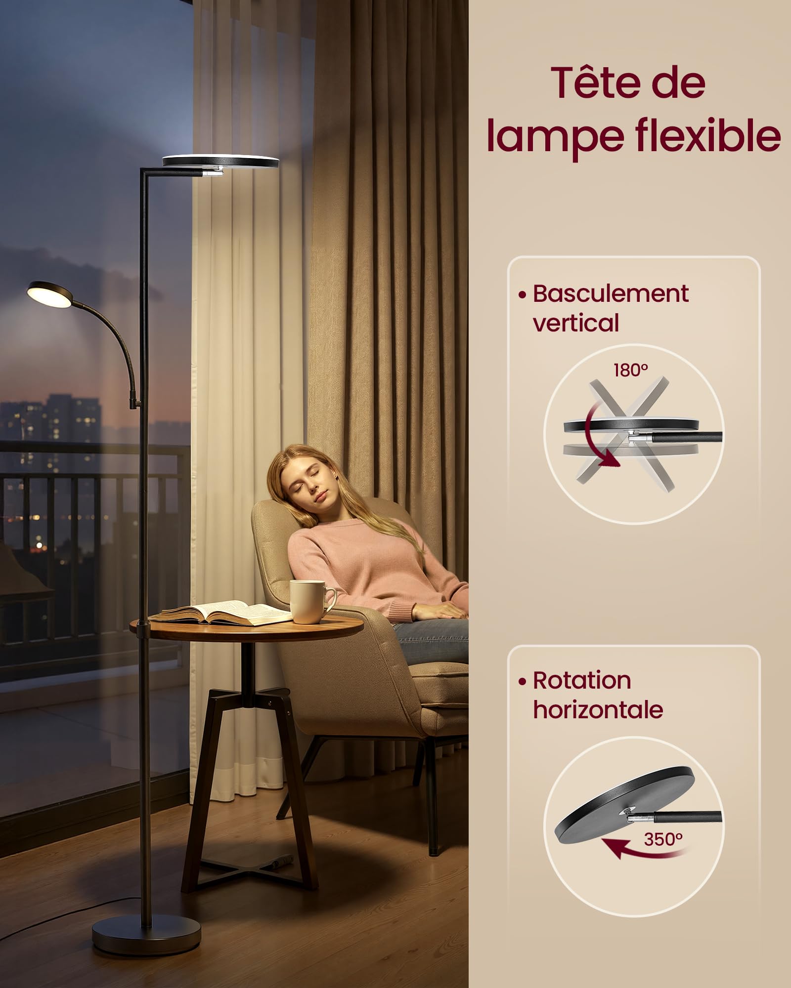 VASAGLE Lampadaire LED Réglable en Hauteur, Lampe sur Pied 42 W, Tête Orientable, pour Chambre, Bureau, Lampe de Lecture, Minuterie, Commande par Boutons et Télécommande, Noir Mat LFL028BD02 - 4