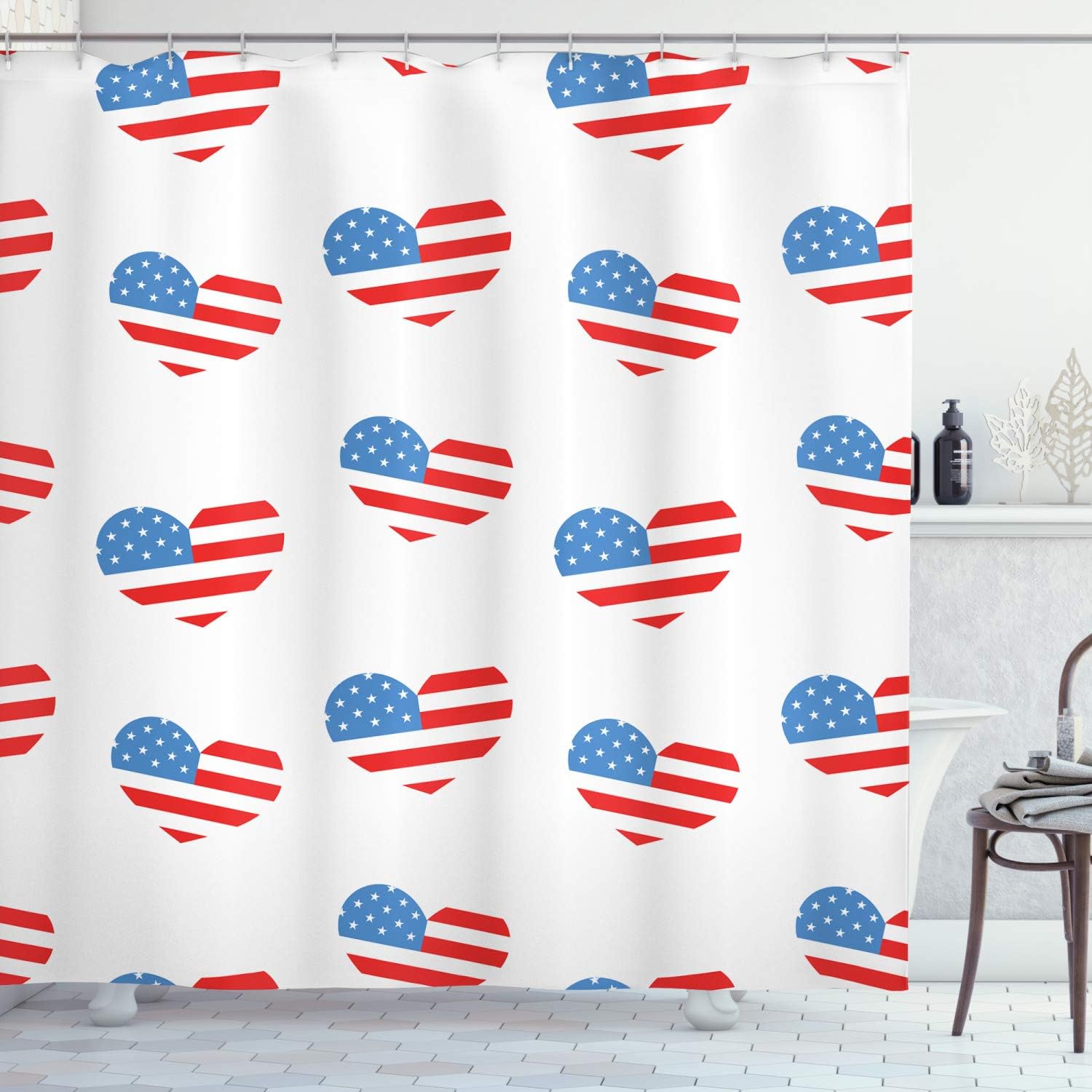 Ambesonne Americana Shower Curtain, Hearts Independence Day of America Memorial Celebration Balloons Party, Cloth Fabric Bathroom Decor Set with Hooks, 69" W x 70" L, Vermilion Blue White