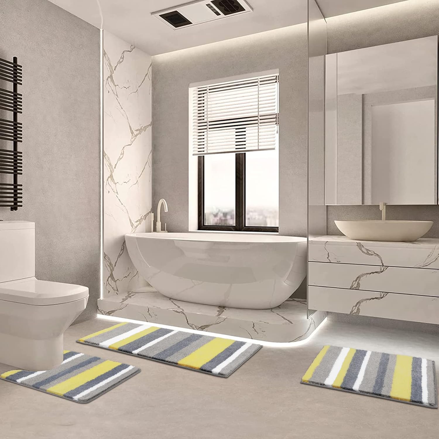 Vaukki 3 Piece Bathroom Rugs Set, Non Slip Shaggy Microfiber Bath Shower Mats Set, Plush Absorbent Washable Bath Rugs Runner for Bathroom, Tub and Shower (Yellow, 20''x24''+20''x32''+18''x48'')