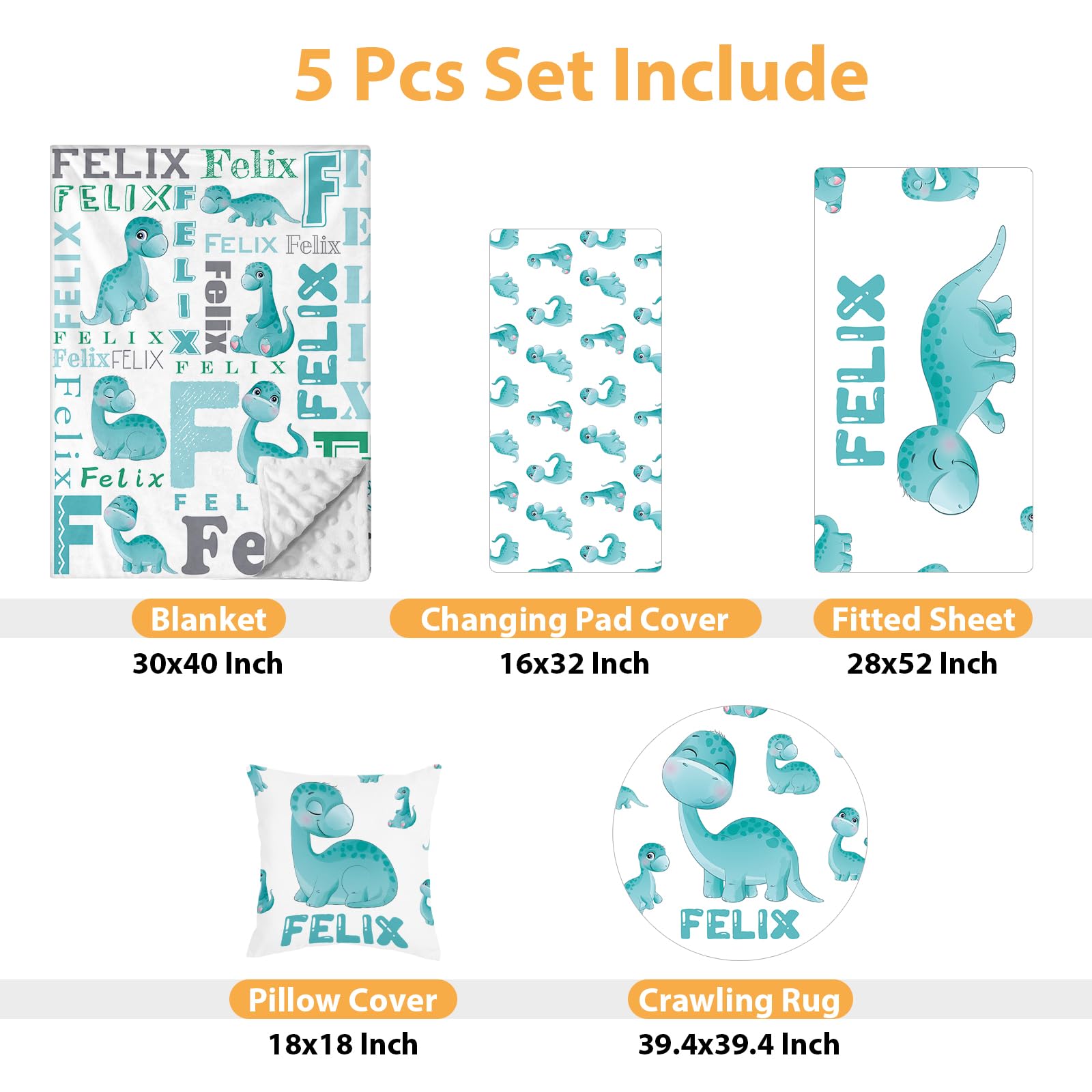 Custom Baby Crib Bedding Set - 5 Piece Nursery Crib Set Dinosaurs Design - Personalized Name Blanket with Dotted Backing, Crib Sheet, Changing Pad Cover, Pillow Cover, Rug for Newborns Color03