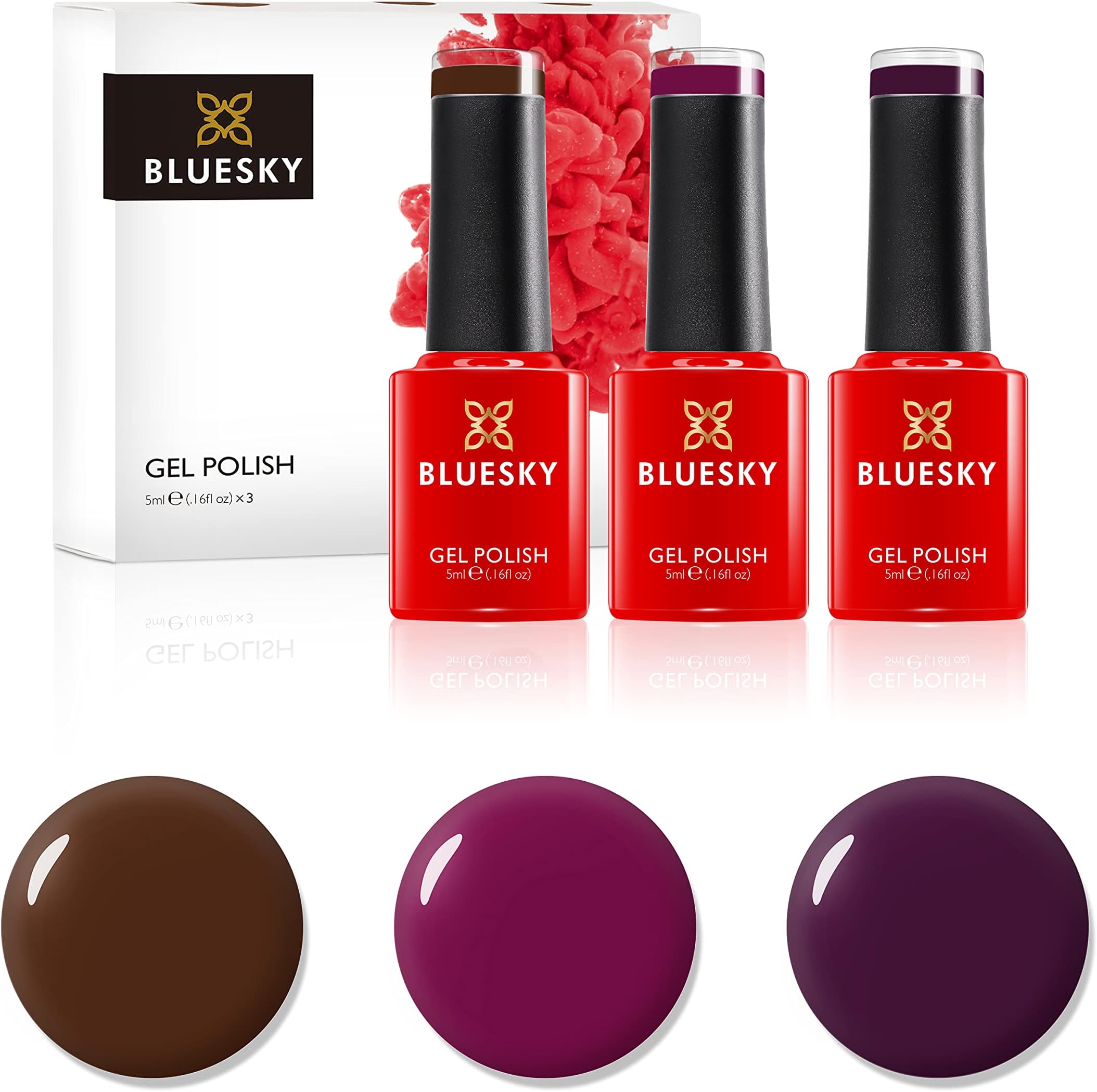 Bluesky Gel Nail Polishes, Winter Warmers, Tinted Love 80557, Faux Fur 80538, Plum Wine CS63, 3 x 5ml, Dark, Purple, Red, Brown (Requires Curing Under UV LED Lamp)