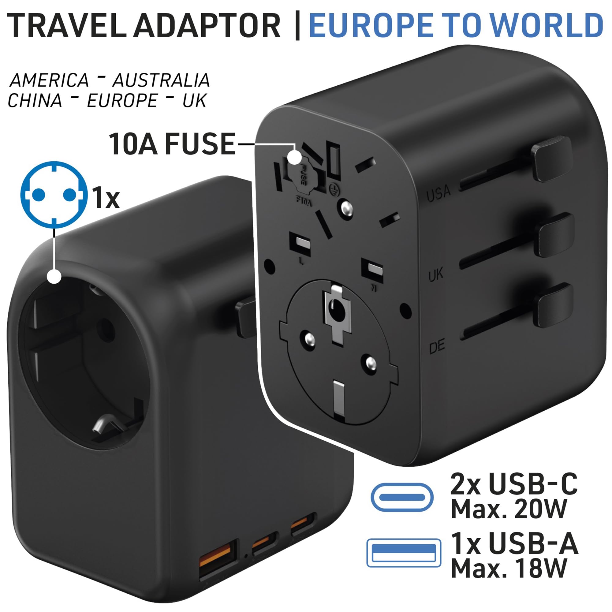 Electraline 70012 Adattatore Universale da viaggio da Europa (presa tipo C, E, F) a Mondo (Spina tipo B, G, I, F, E) con 3 USB (2 USB-C PD20W e 1 USB A)