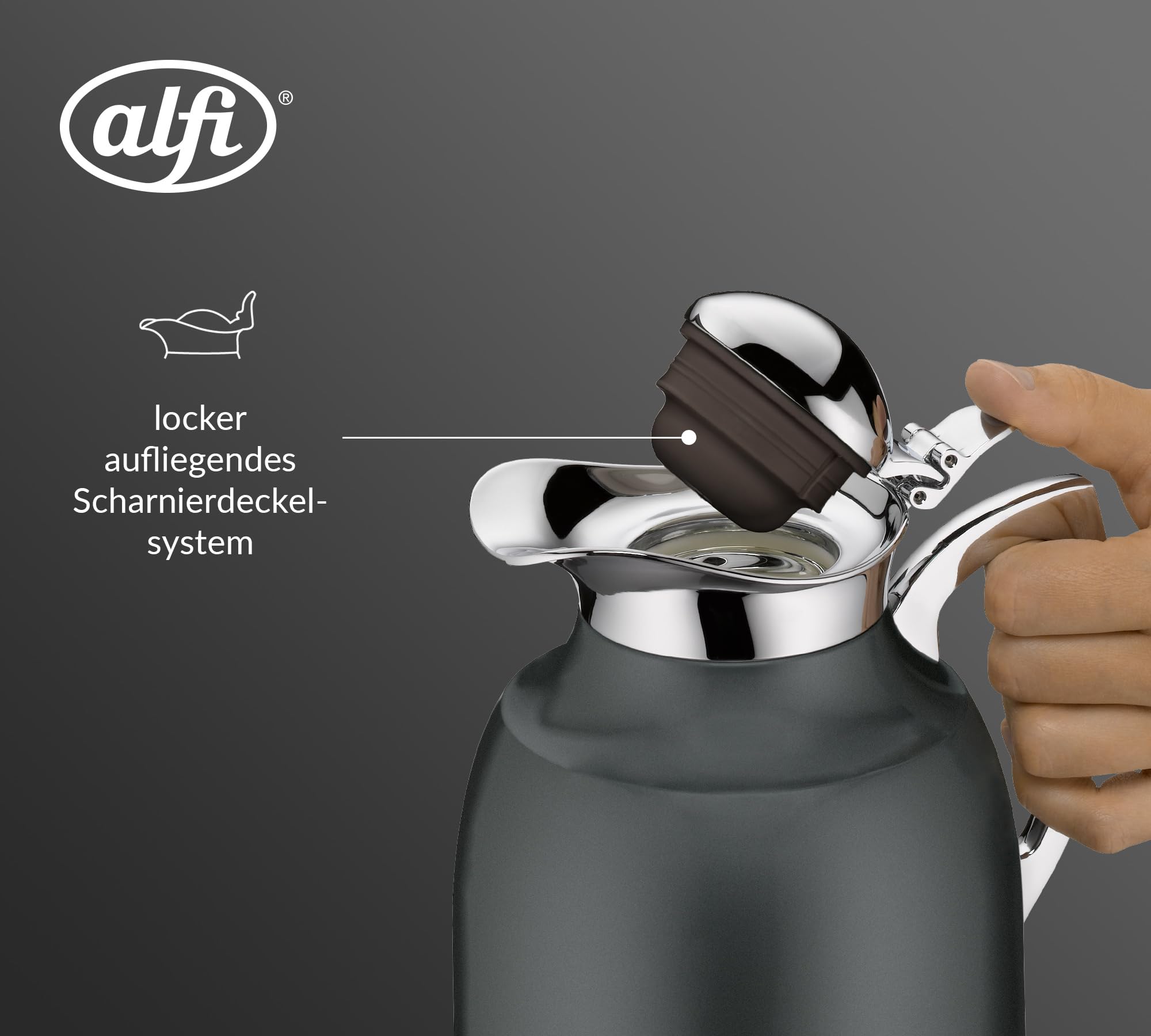 alfi JUWEL 1,0l, satin black mat, elegante Isolierkanne mit Hartglaseinsatz, 12h heiß & 24h kalt, ideal als Kaffeekanne, Teekanne