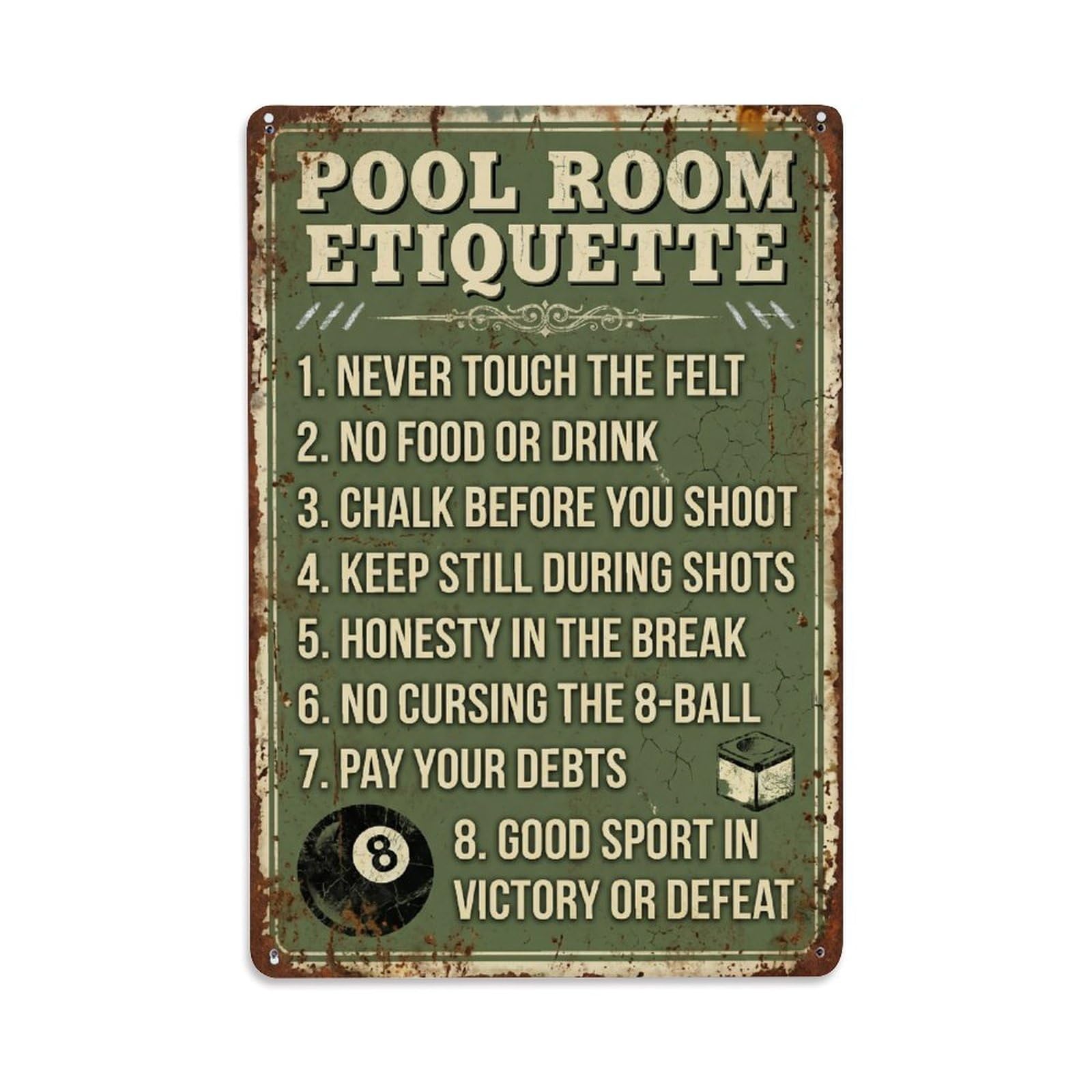 Pool Room Etiquette Vintage Funny Metal Tin Sign Plaque Wall Decor for Cafe, Club Bar, Office, Home Garden Metal Poster 8x12Inch