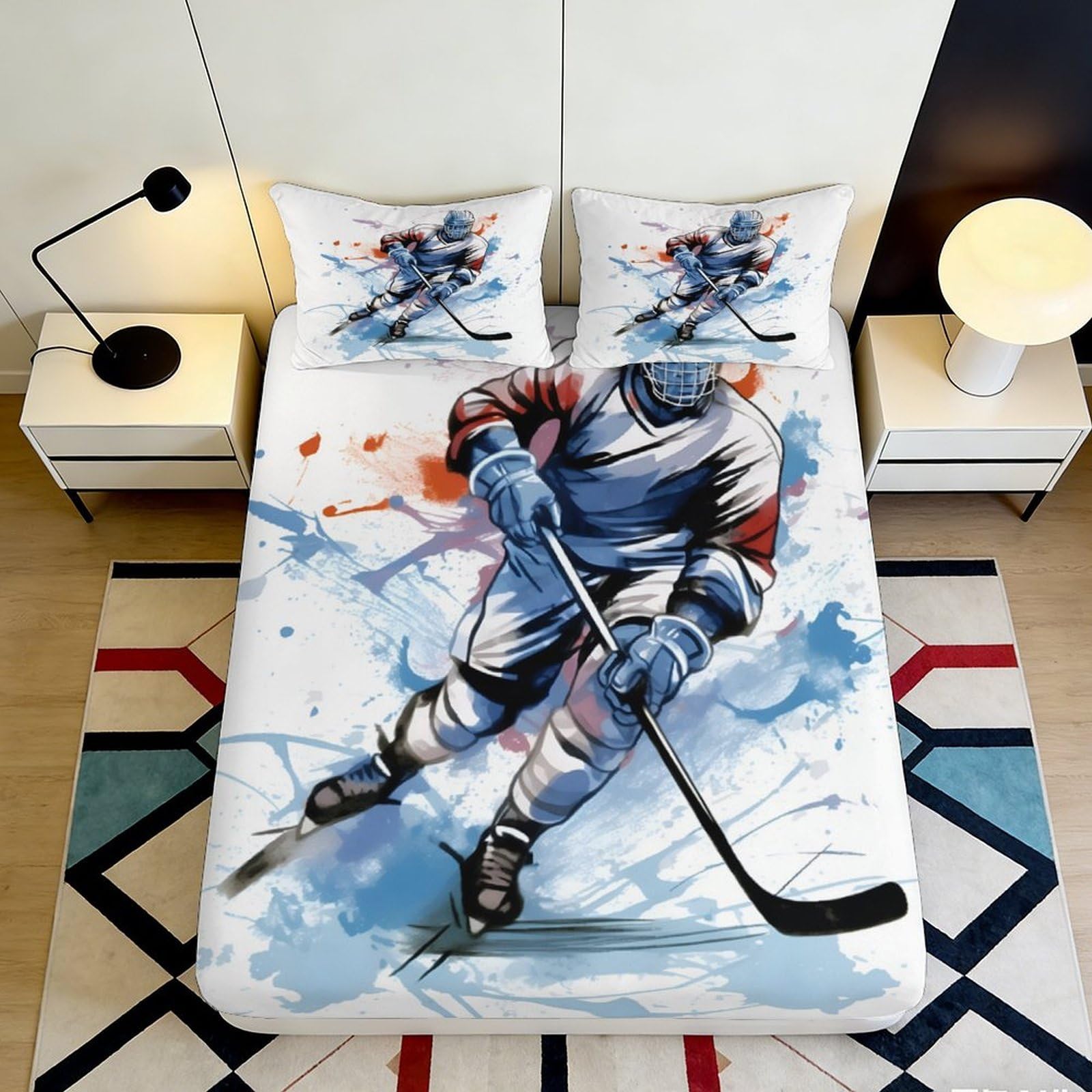 3D Printed Hockey Player Fitted Sheet Microfiber Soft Breathable Ice Rink Bed Cover for Bedroom Dorm Mattress Protection Decor 90x200x25cm