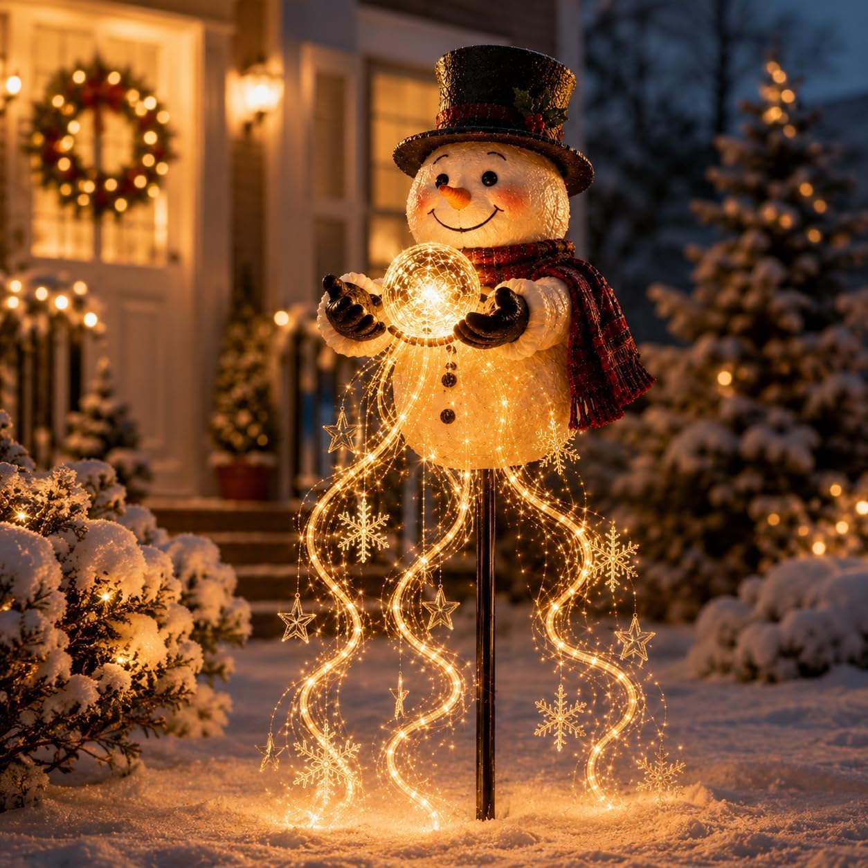 Snowman Magic Fountain Solar Yard Stake Light, Flowing Snowflake LED Decor