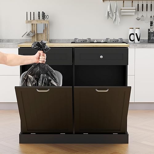 Miniatura 3 de RASOO Gabinete de basura de doble inclinación hacia fuera, cesta de lavandería independiente de madera con 2 cajones, cubo de basura de cocina para