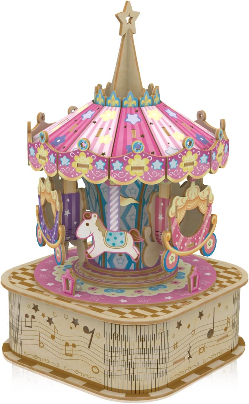 Eagool Wooden Model Kits to Build, Mechanical Carousel with Music, DIY