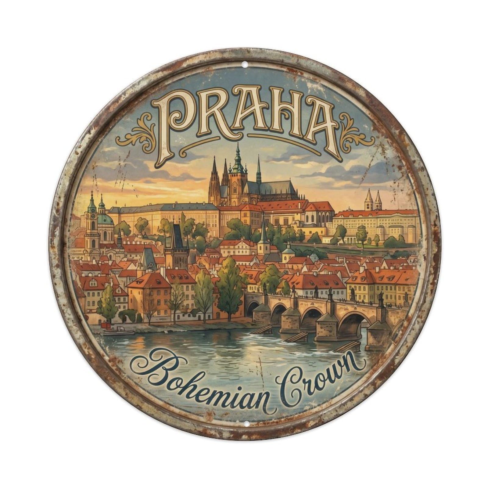 Vintage Travel Prague Bohemian Crown Metal Tin Sign Plaque Wall Decor for Cafe, Club, Garden Round Metal Poster 8x8Inch