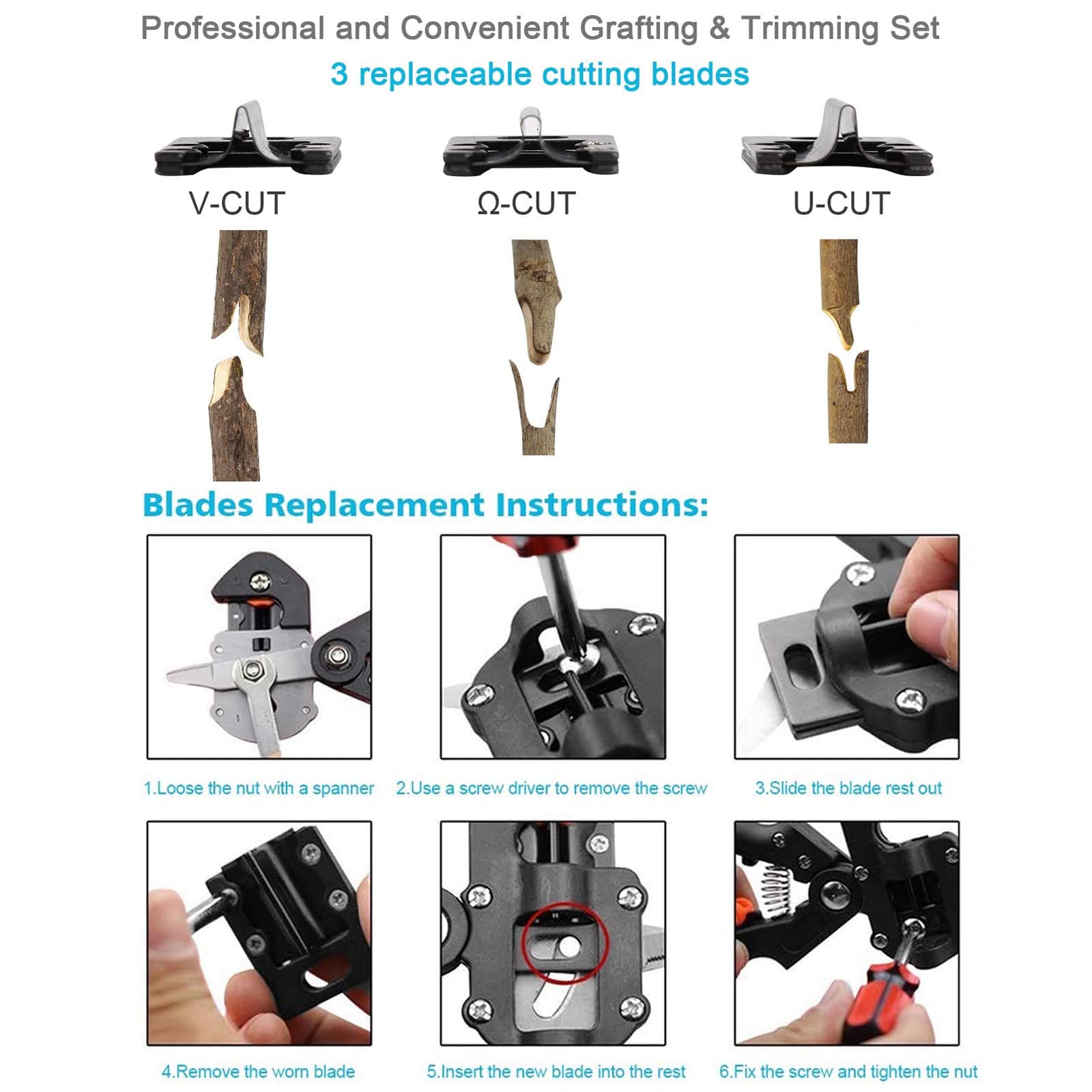Veredelungsschere Ratschenschere Set, Professionelle Einhand Pfropfen Schneidwerkzeug mit 3 Klebebandrollen und 3 Formmessern (U-Cut, V-Cut & Ω-Cut) für Garten Blumen Baum Pflanzenzweige,Style1
