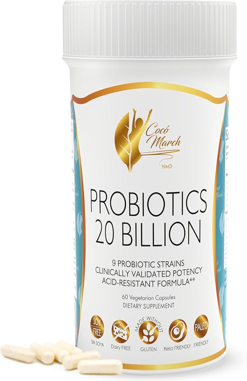 Cocó March N.M.D. Probiotics 20 Billion CFU – Probiotics for Women & Men - Gut Health, Digestive & Immune Support – 9 Probiotic Strains, Acid-Resistant Formula - Gluten Free & Dairy Free, 60 Capsules