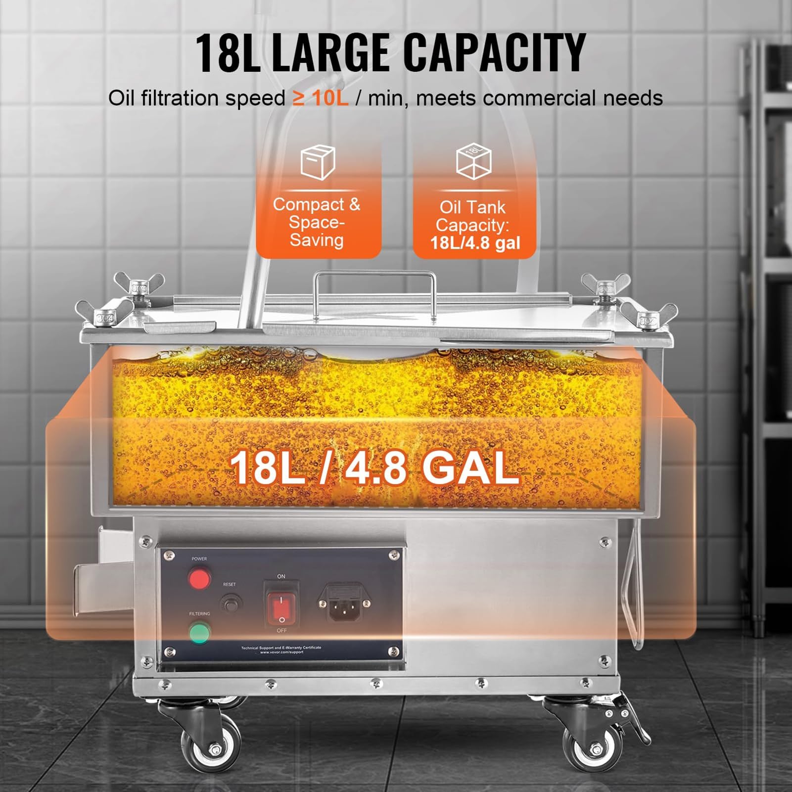 Máquina con sistema de filtrado de aceite for freír de 250 W, filtro for freidora de 18 L/5,8 galones, filtro de aceite for freidora de 10 L/min, bomba y manguera for filtro de aceite de cocina