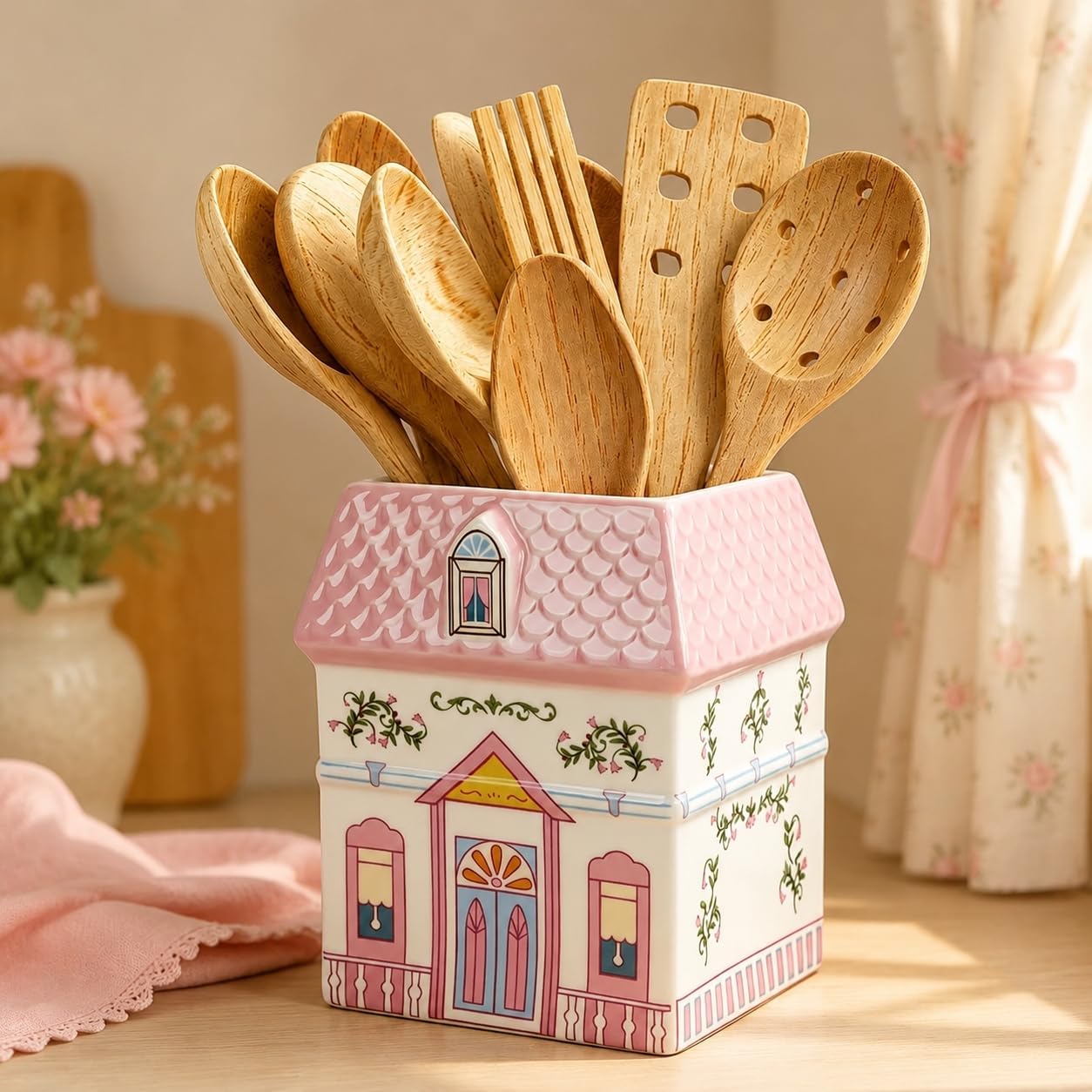 FYSUIMU 3D Pink House Ceramic Utensil Holder Cute Bow House Utensil Crock Cooking Tool Storage Organizer Container for Farmhouse Home Kitchen Countertop Decor