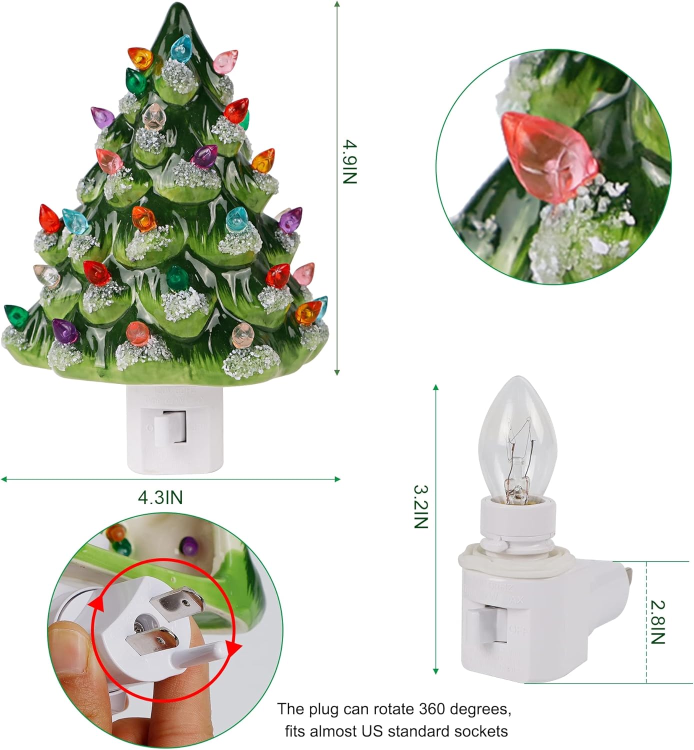 Hausse Christmas Ceramic Tree Night Light, Decorative Snow Covered Xmas Tree Nightlight with Lamp, Multicolor Bulbs & 360 Degree Swivel Plug with ON/Off Switch for Home Bathroom Bedroom Decor