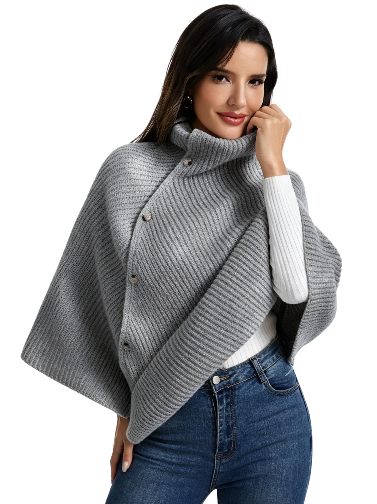 Poncho da Donna con Collo Alto Spacco Laterale e Mantella