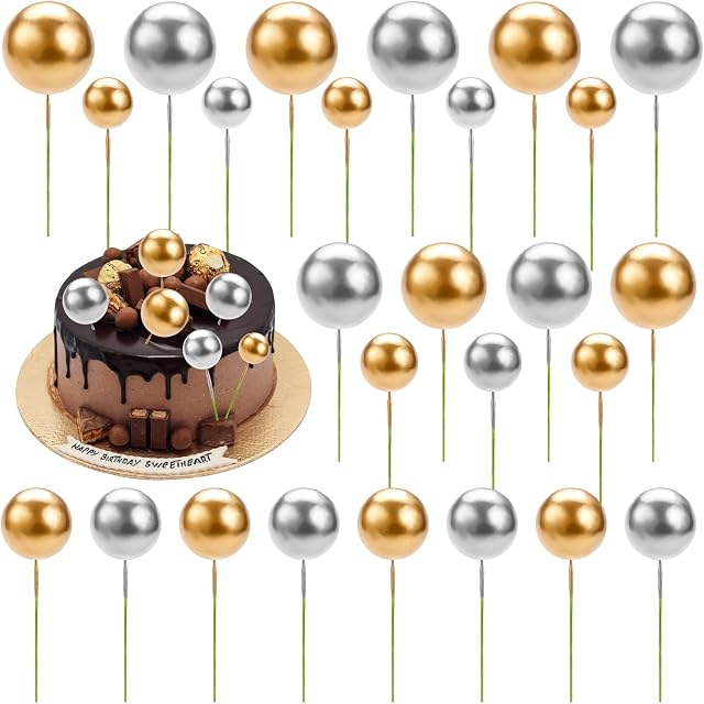 70 Pcs Mini Balloon Cake Topper, Cupcake Toppers Foam Ball DIY Cake Insert Topper Balls Cake Decorations Topper Sticks for Birthday Cake Cupcake Baking(Gold & Sliver)