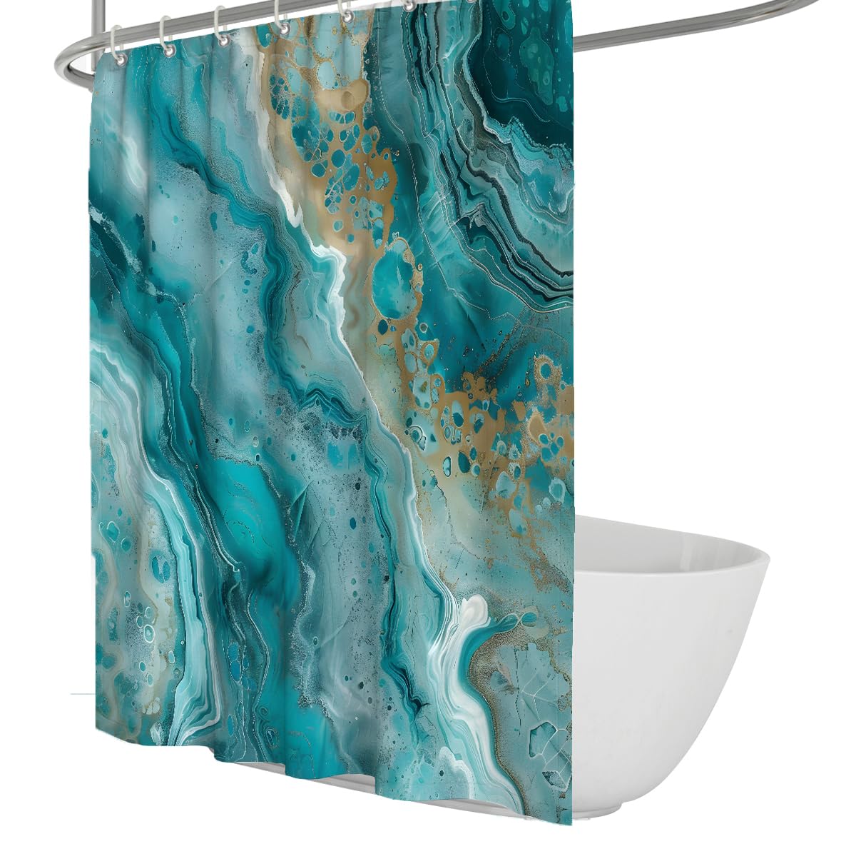 UIRINGART Shower Curtain W150xL200cm Quick Dry Waterproof Light Turquoise Teal Green Beige Gold Texture Abstract Flowing Marbling Agate Pattern Polyester Fabric Guest Bathroom with Hooks