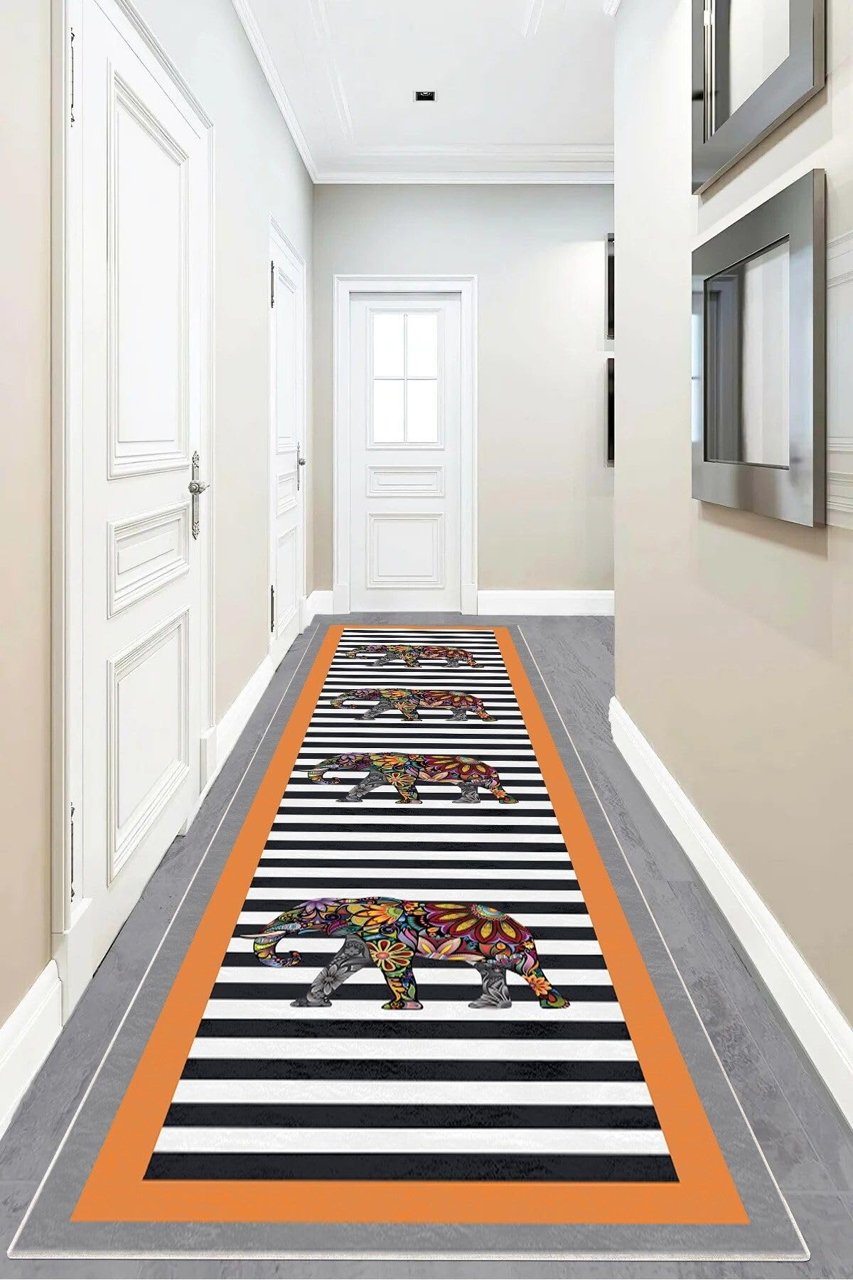 Pelangi Fil Desenli Etnik Dijital Baskı Yıkanabilir Modern Salon Filli Halı ve Yolluk (Turuncu), Turuncu 100 x 300, 955512221003007