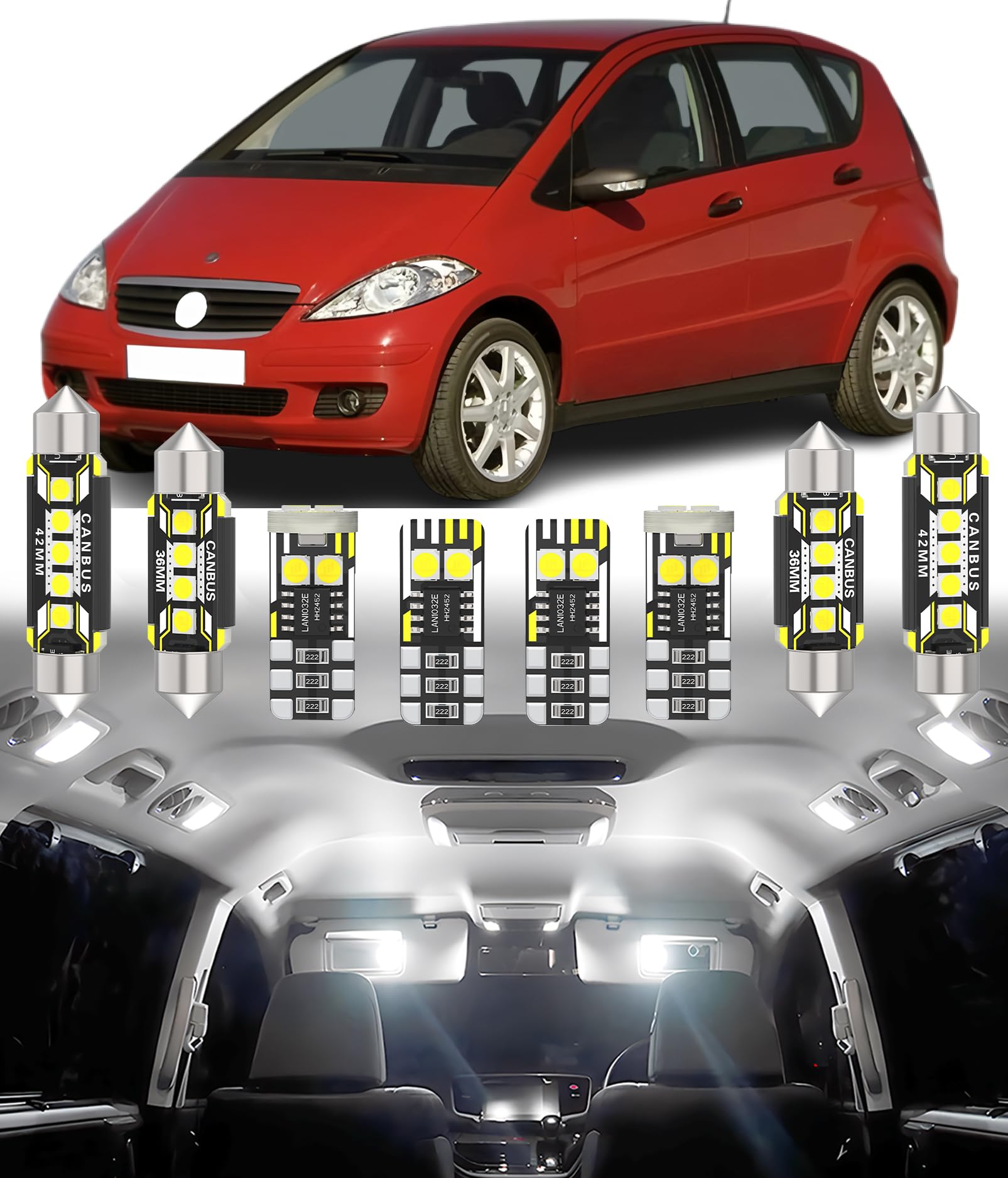 BMT xms 19pz Kit di Luci LED per Interni per Mercedes Benz A Class W169 B-Class W245 2004-2012, Lampadine LED per Interni Auto e Camion 6000K Bianco Luminoso