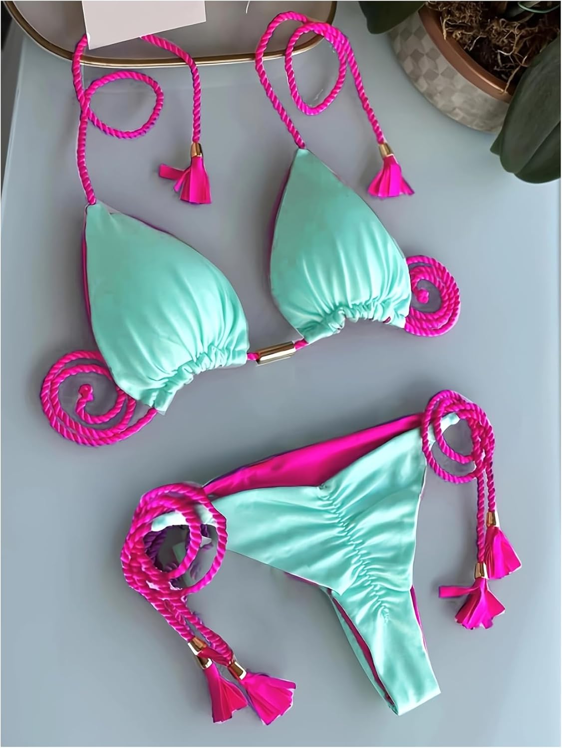 WDIRARA Women's Halter String Bikini Set Ruched 2 Piece Swimsuit Contrast Trim Thong Bathing Suit - Image 2